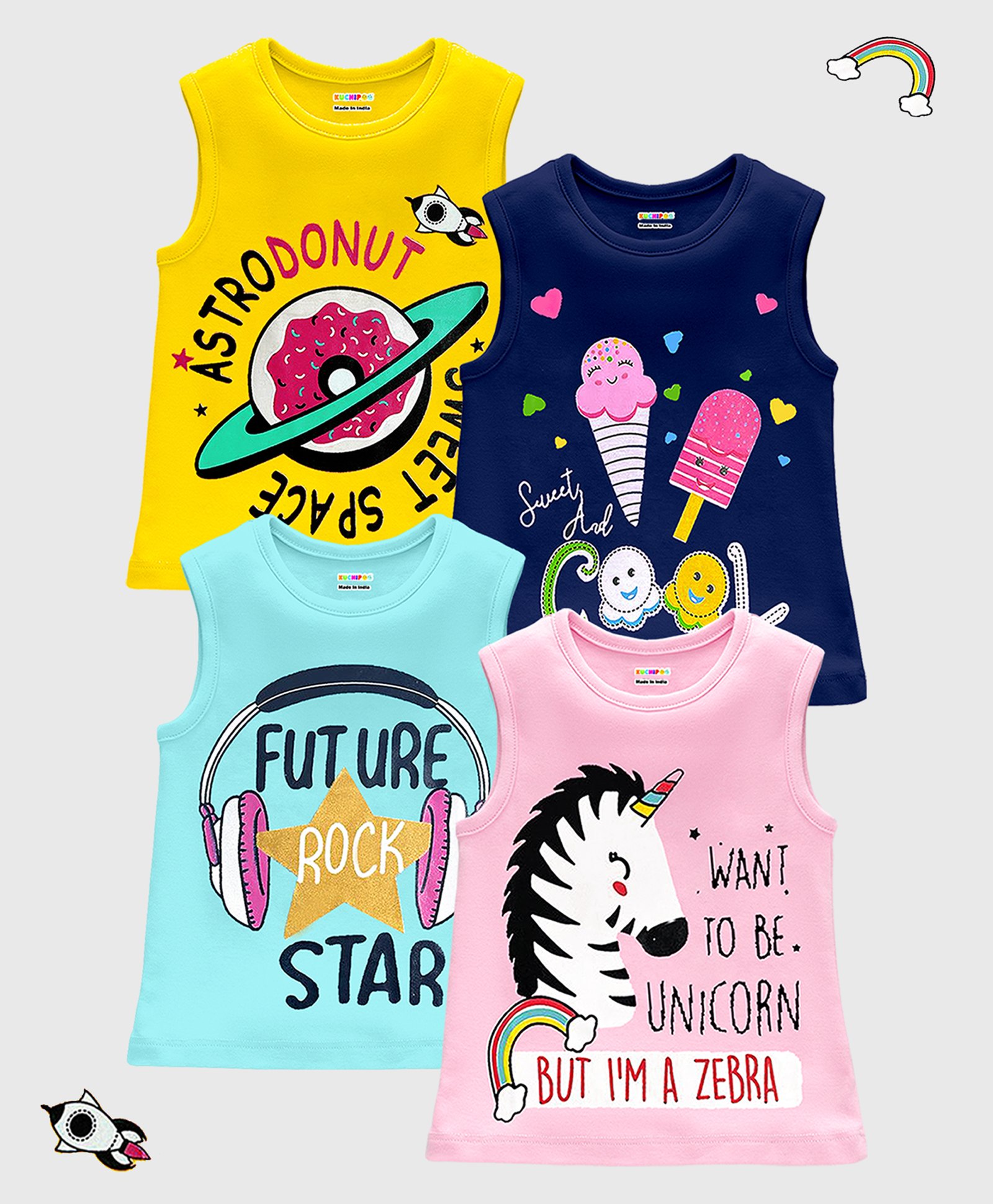 KUCHIPOO Cotton Pack Of 4 Sleeveless Space Theme & Ice Cream Printed Tees - Blue Pink Yellow & Navy Blue-picture-45