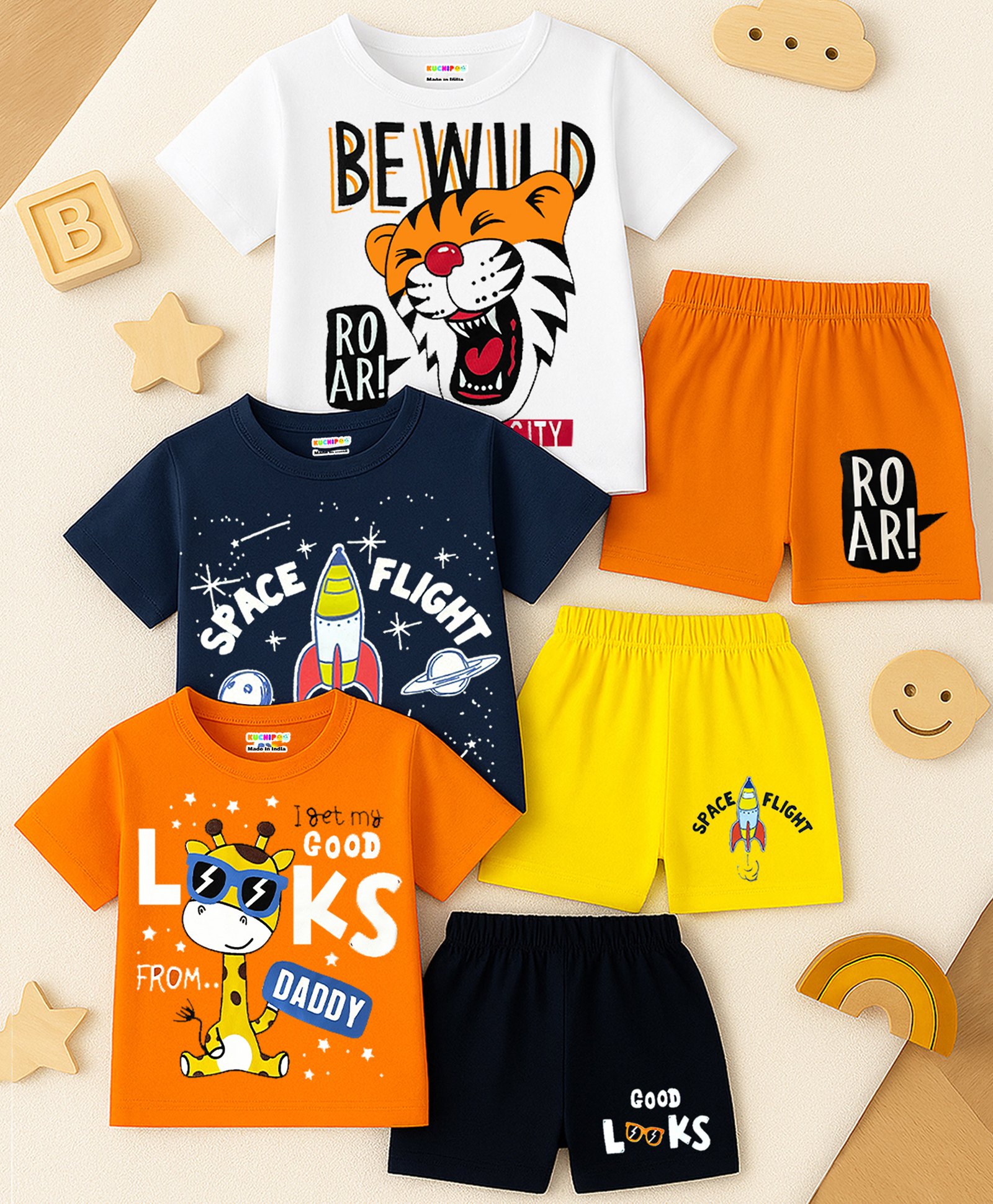 KUCHIPOO Cotton Blend Pack Of 3 Half Sleeves Baby Animals & Space Theme Printed Tees & Shorts Set - Orange Black White Yellow & Navy Blue-picture-18
