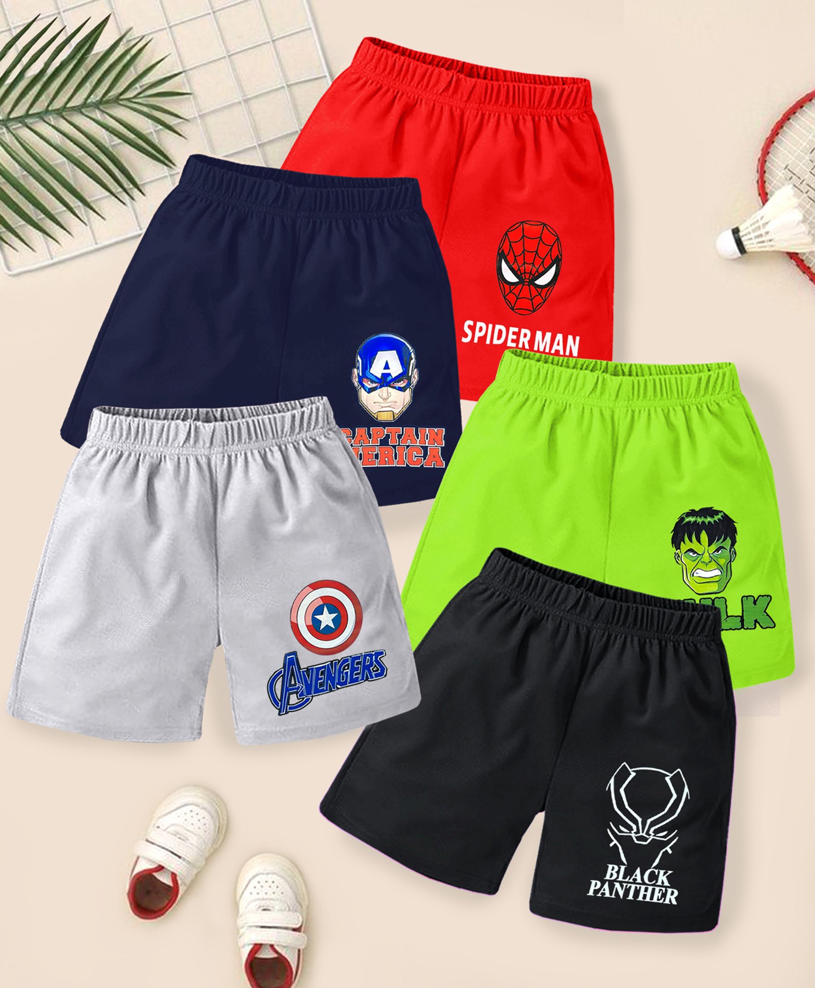 KUCHIPOO Cotton Blend Pack Of 5 Marvel Avengers Featuring Characters Printed Shorts - Multi Colour-picture-26