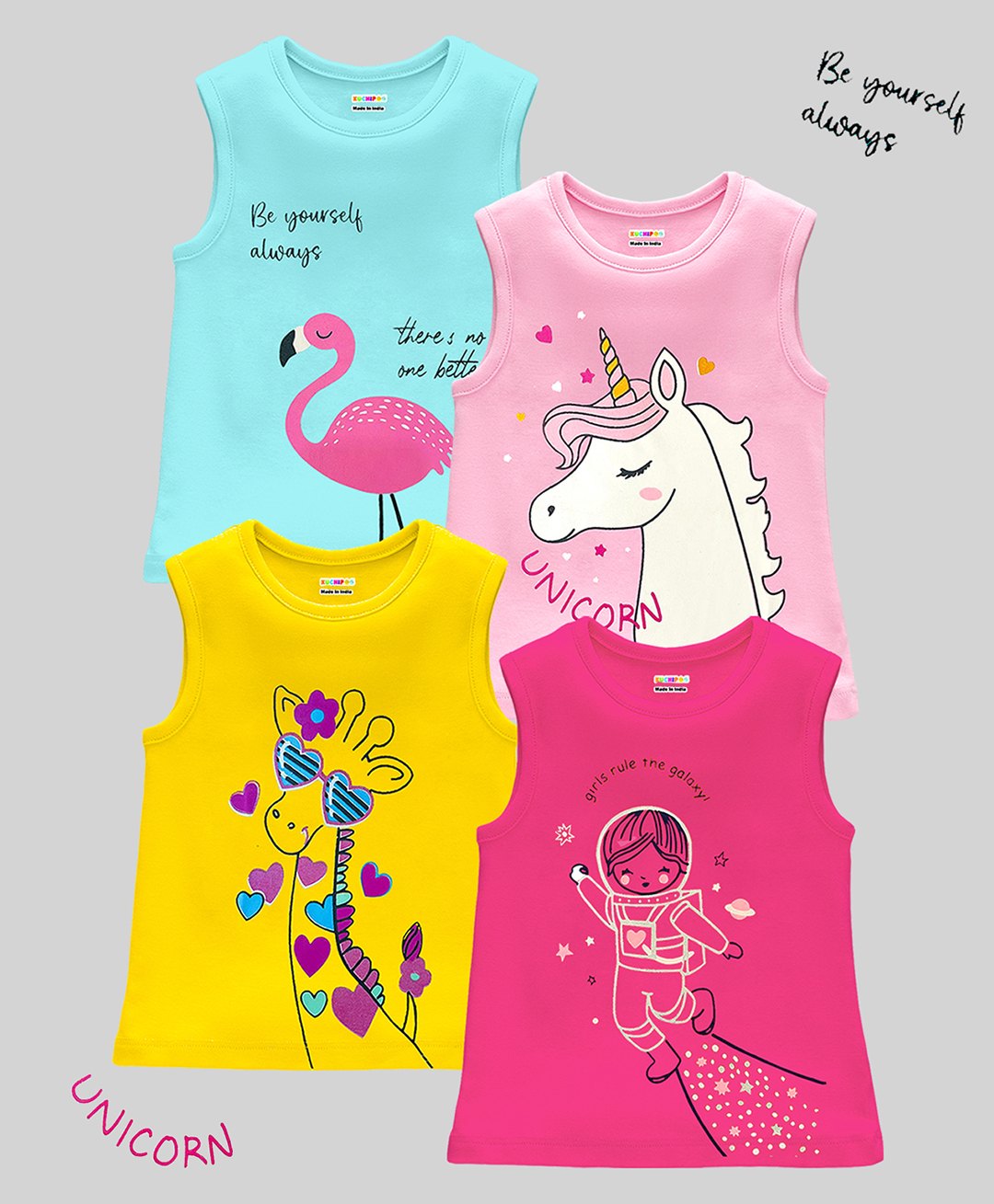 KUCHIPOO Cotton Blend Pack Of 4 Sleeveless Unicorn & Flamingo Printed Tees - Yellow Pink Blue & Magenta-image-37