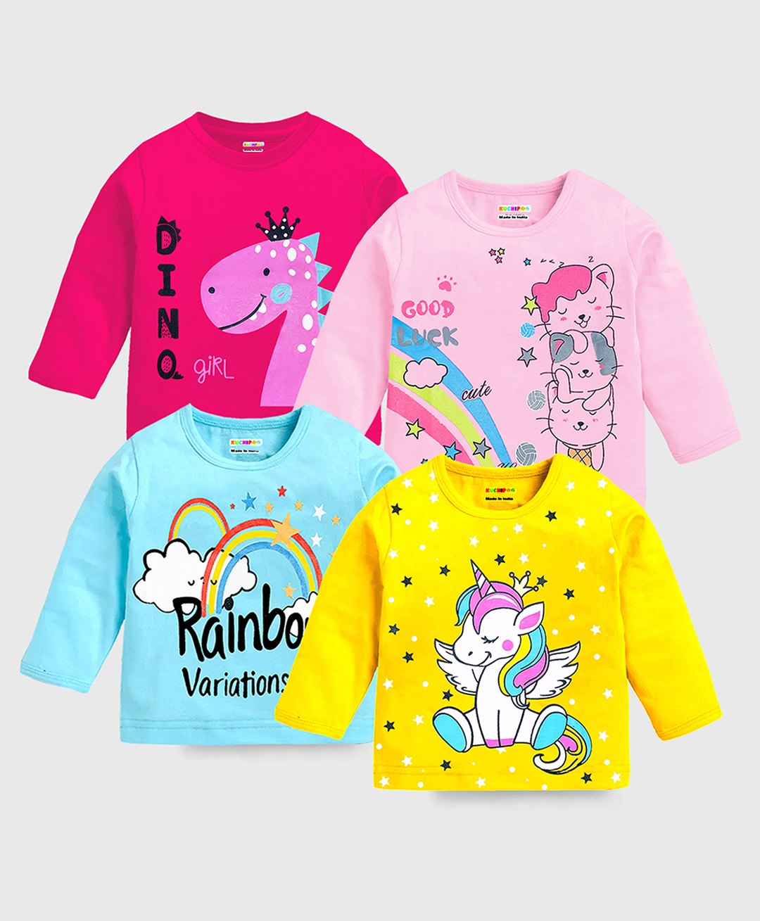 KUCHIPOO Cotton Blend Mickey & Friends Featuring Pack Of 4 Full Sleeves Characters Rainbow & Unicorn Printed Tees - Yellow Pink Sky Blue & Magenta-picture-12