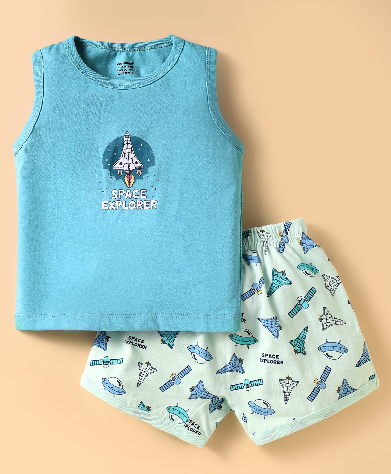 CUCUMBER Sinker Knit Sleeveless Shorts Night Suit With Space Shuttle Print - Light Blue-picture-13