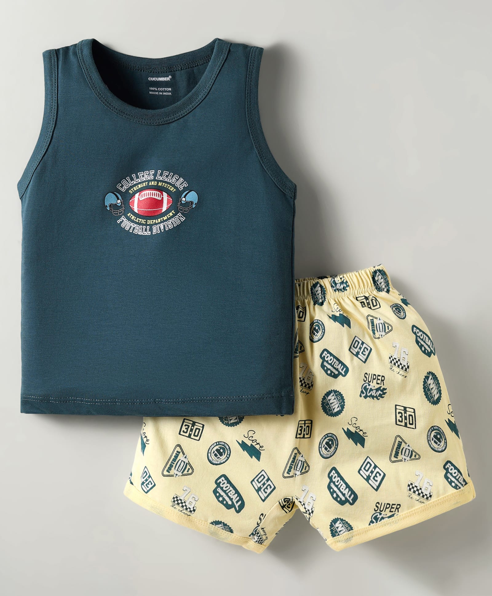 CUCUMBER Sinker Knit Sleeveless Shorts Night Wear With Text Print - Teal Blue-image-17