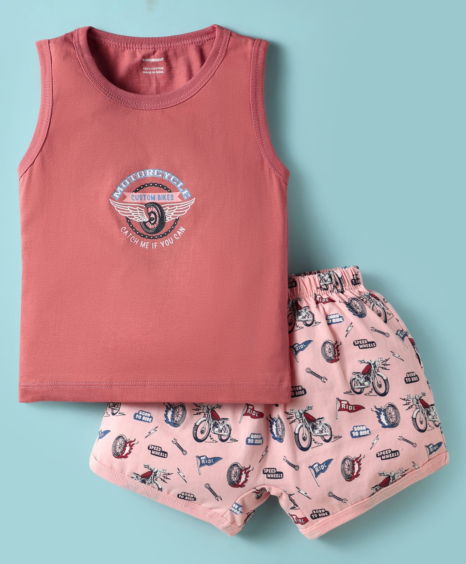 CUCUMBER Sinker Knit Sleeveless Shorts Night Suit With Vehicle Print - Pink-picture-30