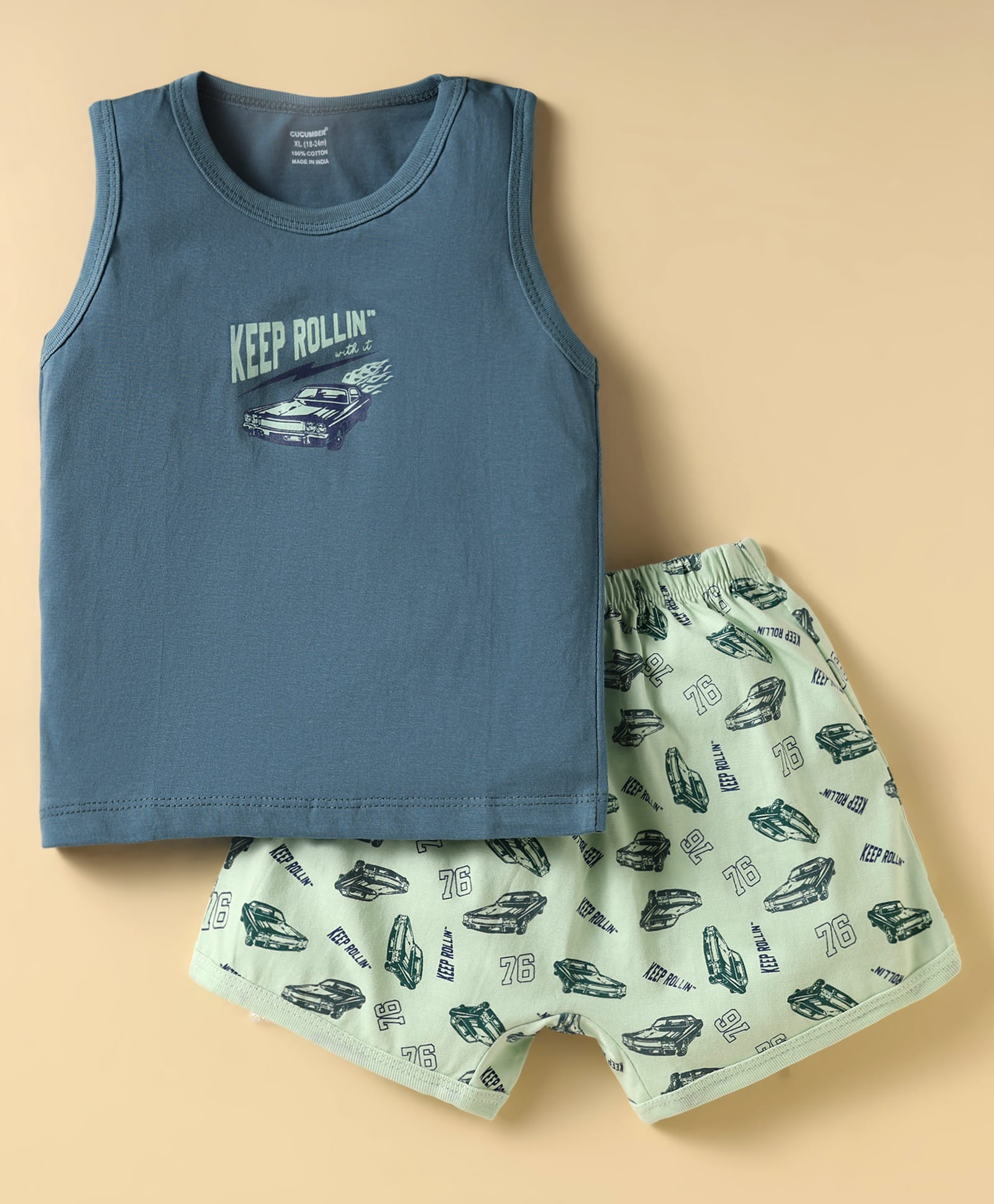 CUCUMBER Sinker Knit Sleeveless Night Suit With Vehicle Print - Light Green-picture-23
