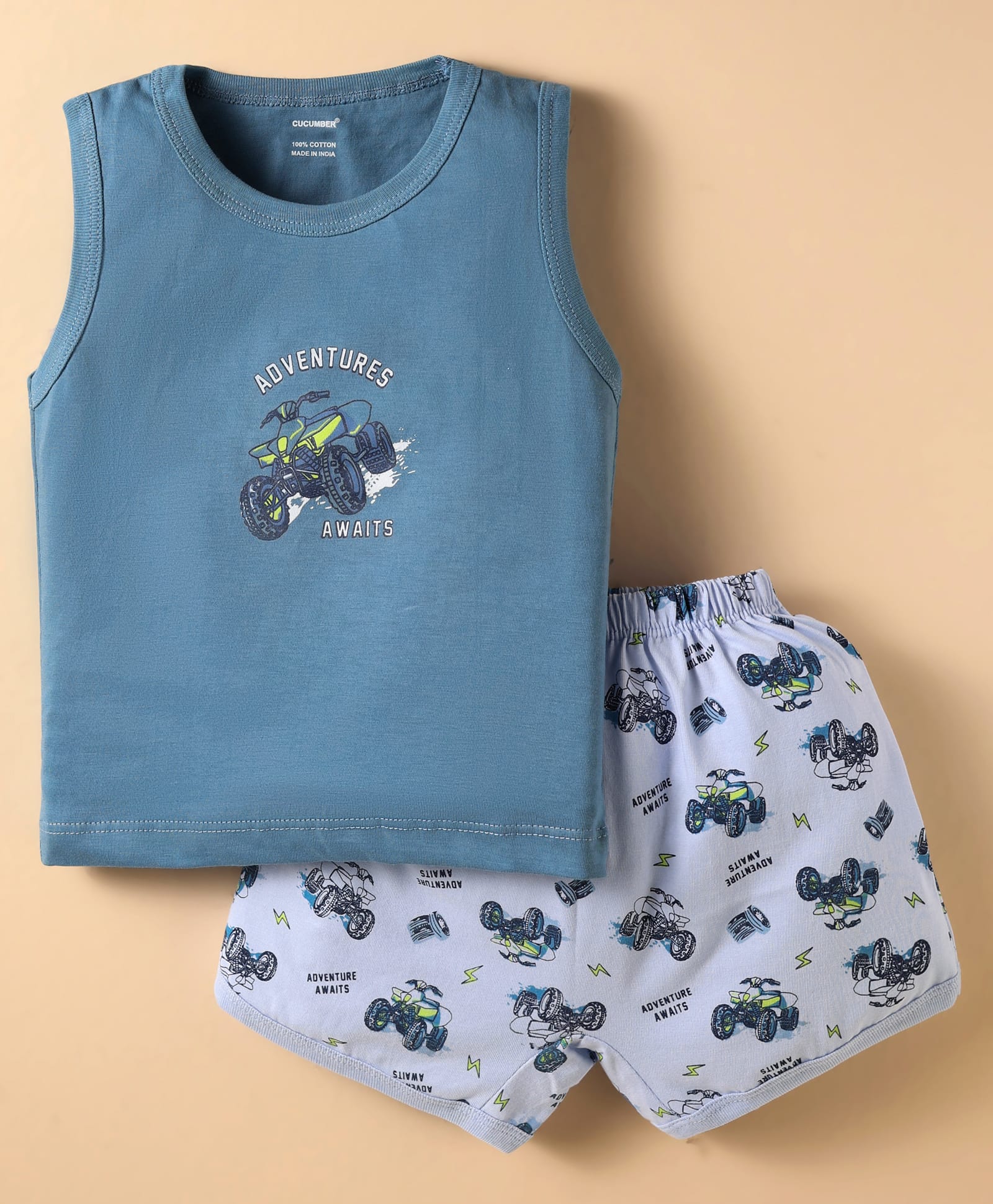 CUCUMBER Sinker Knit Sleeveless Shorts Night Suit - Blue-picture-11