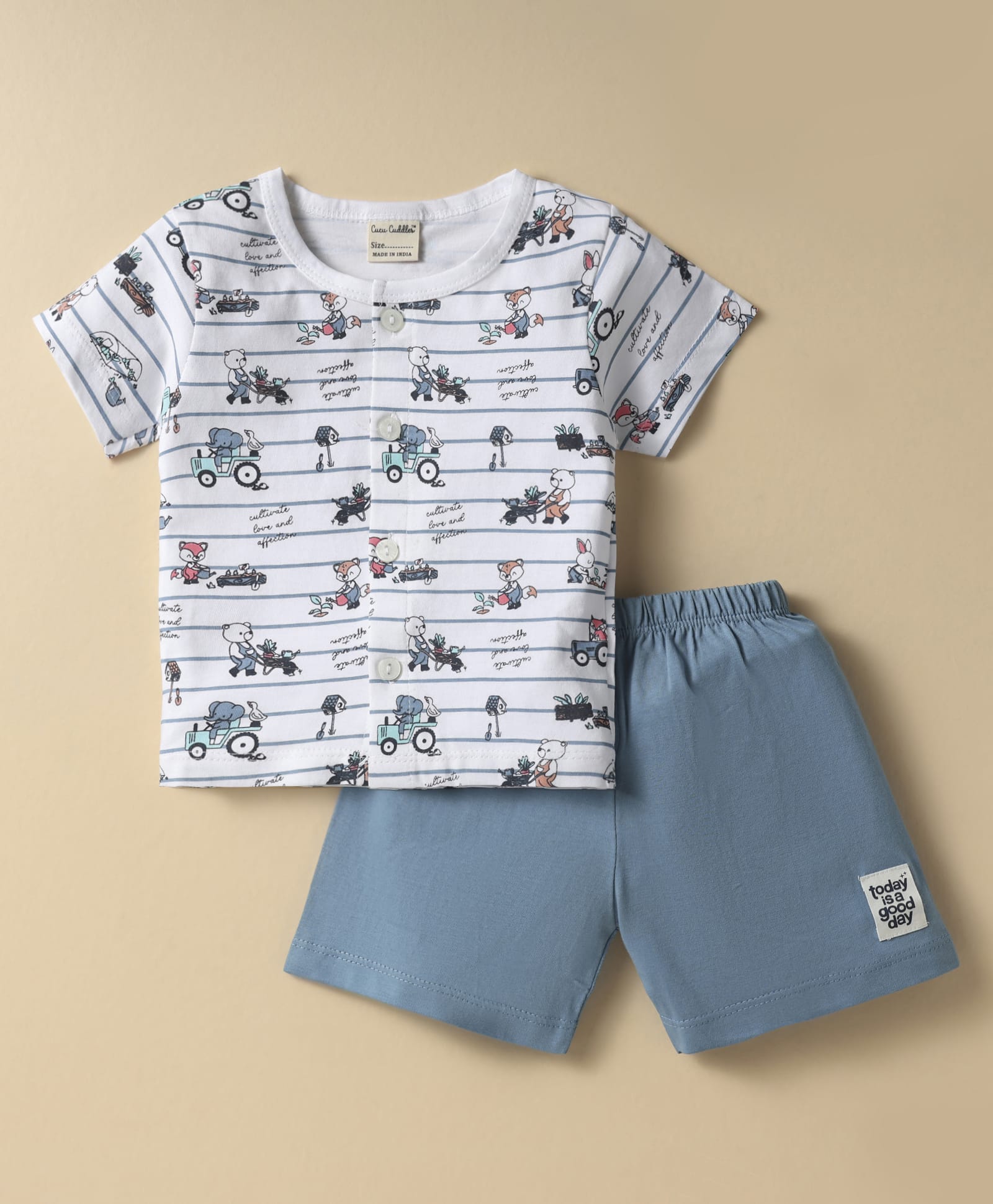 CUCUMBER Sinker Knit Half Sleeves Shorts Night Suit With Bear Print - White-picture-23