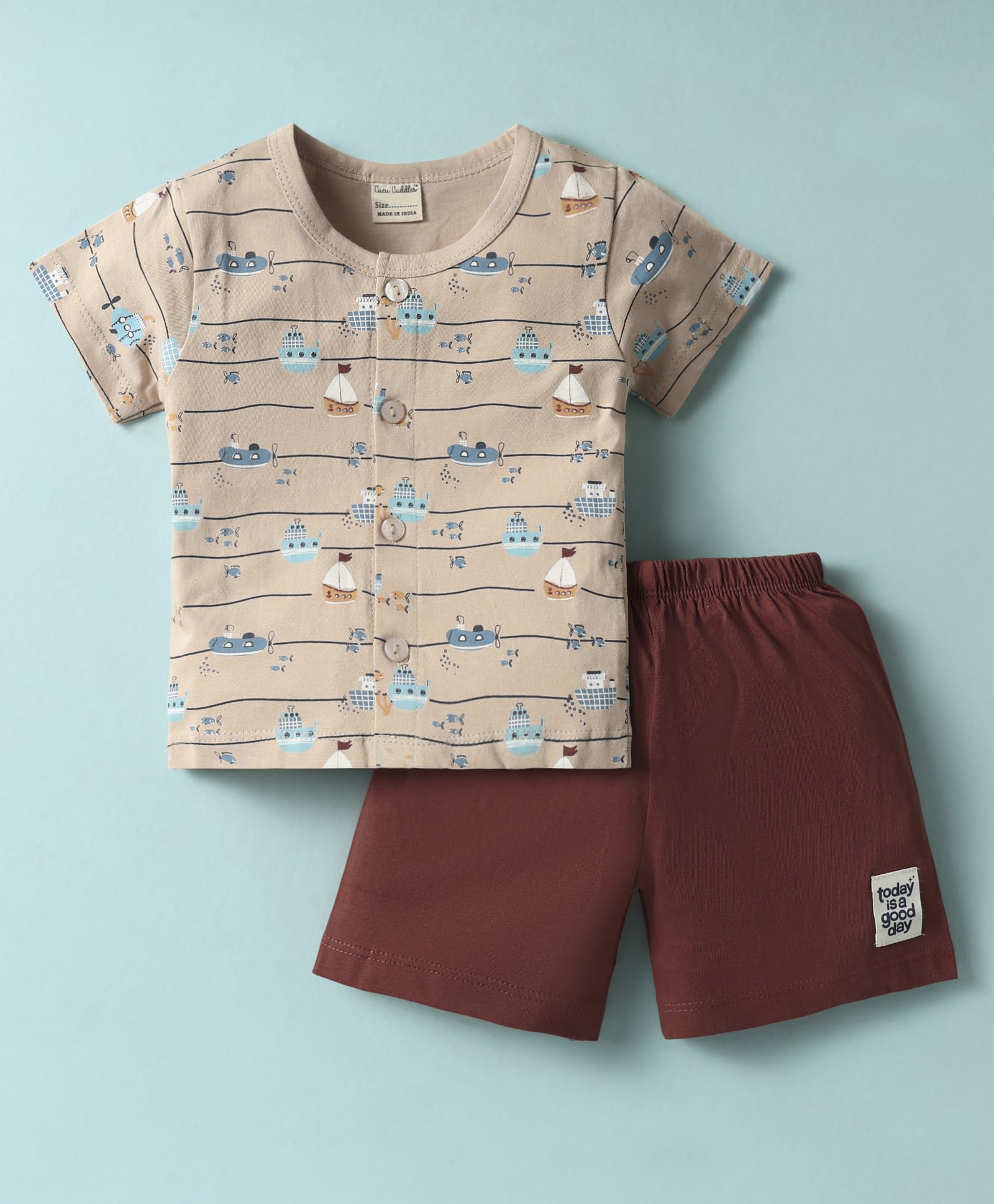 CUCUMBER Sinker Knit Half Sleeves Night Suit With Nautical Theme Print - Tan-picture-28