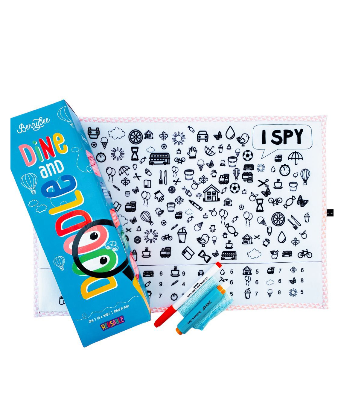 BERRYBEE Dine Doodle Mat-Reversible & Reusable Mat with 1 Erasable Marker and Chalk, Non-Toxic, 2-in-1 mat, I spy Activity and chalkmat, Gifts for Girls & Boys-image-28