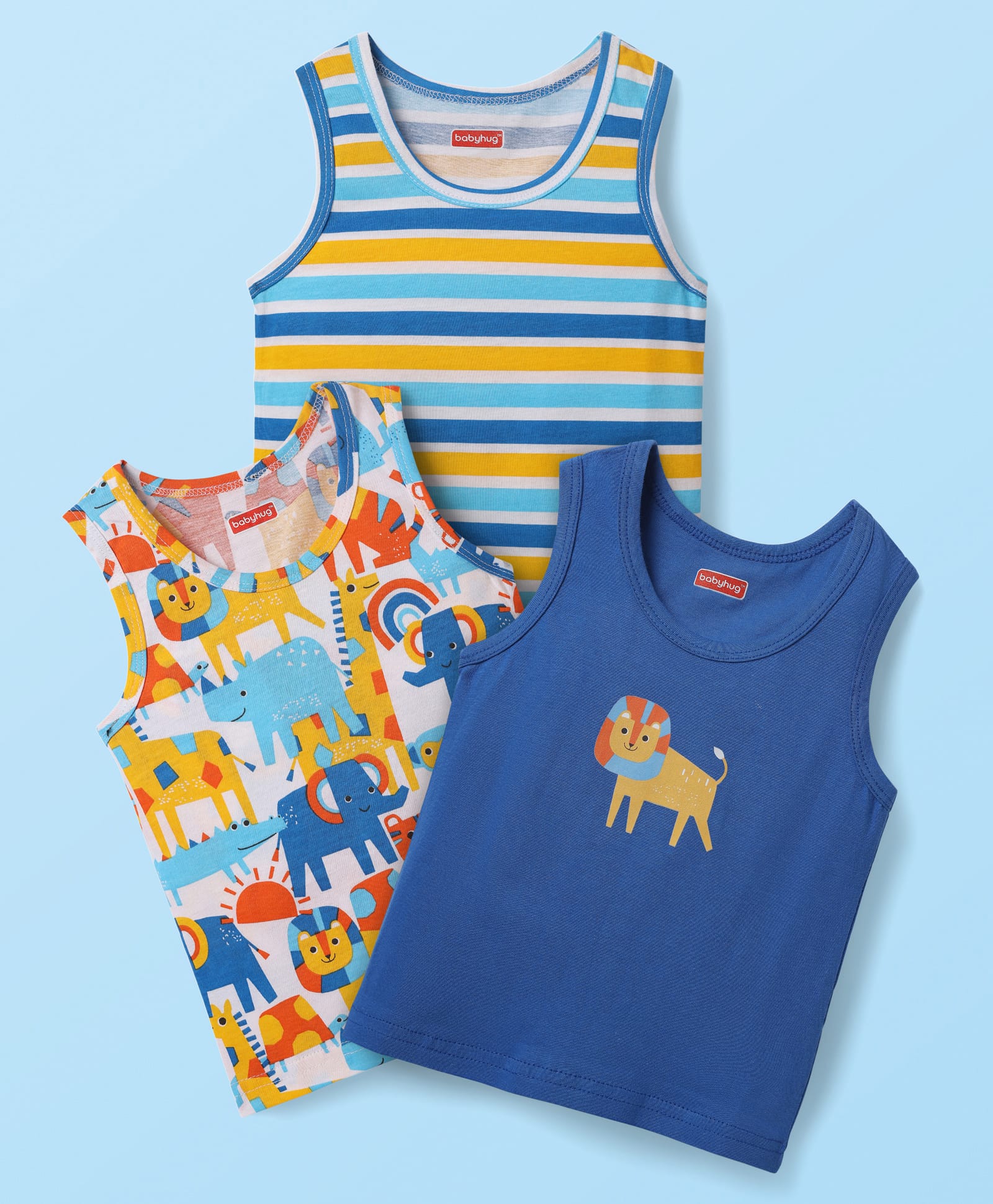 Babyhug 100% Cotton Sleeveless Animal Printed & Striped Sando Pack Of 3 -Orange Navy Blue & Yellow