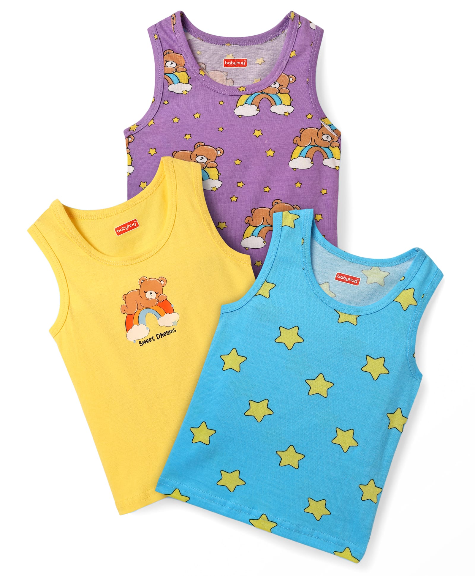 Babyhug 100% Cotton Sleeveless Teddy & Star Printed Sando Pack Of 3 -Purple Yellow & Blue