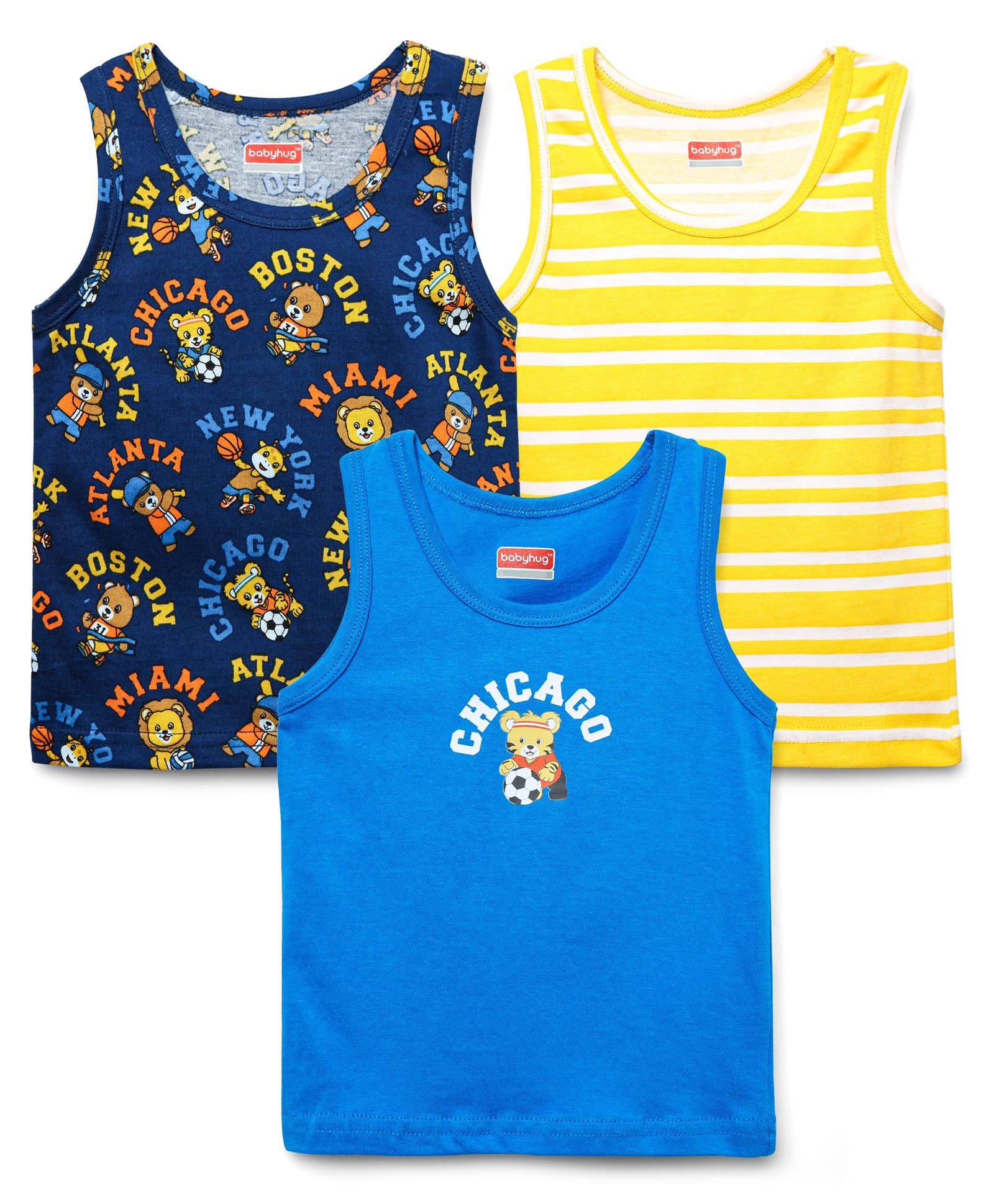 Babyhug 100% Cotton Single Jersey Knit Sando Stripes & Animal Print Pack Of 3 - Yellow Navy Blue & Blue