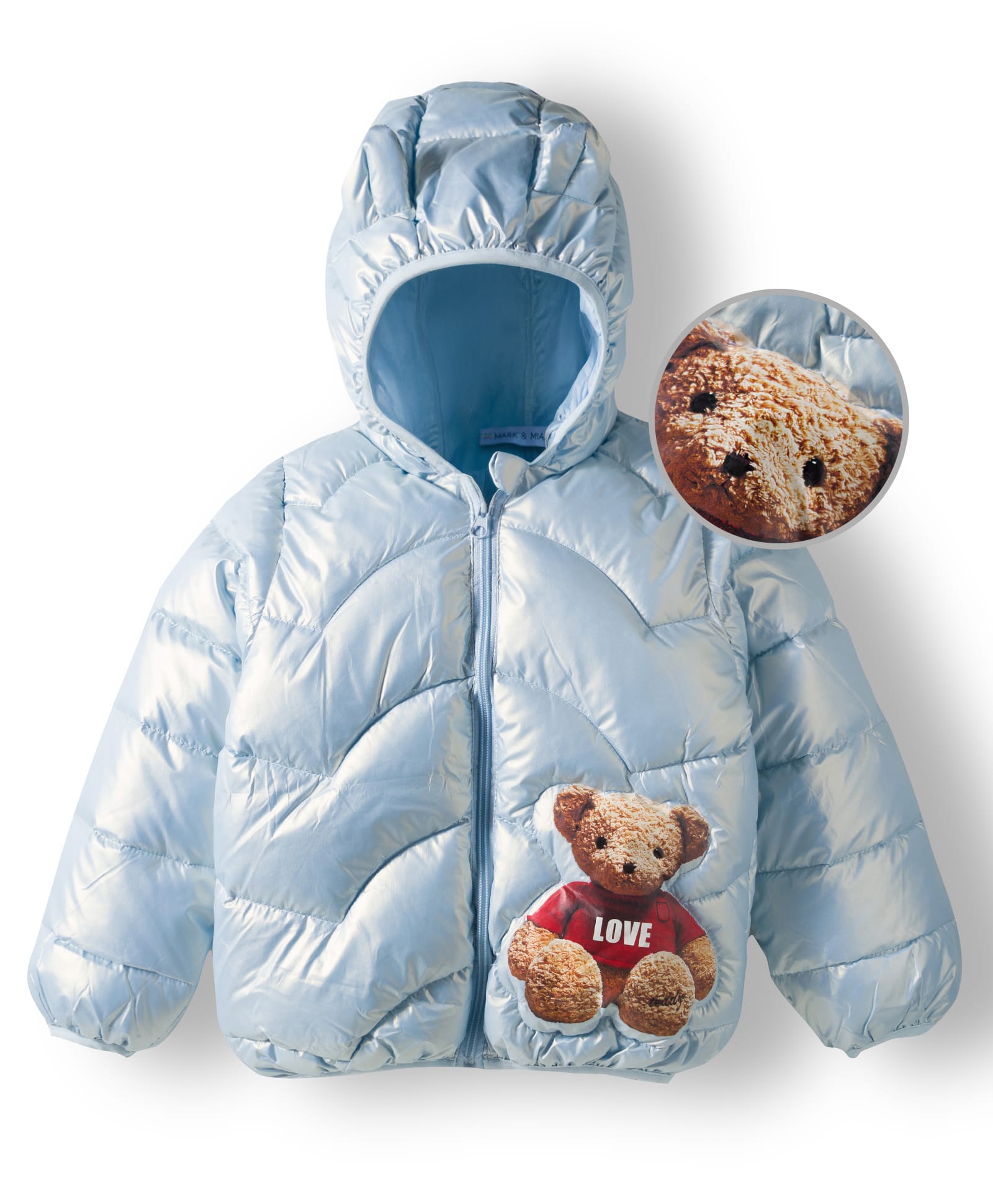 Mark & Mia Woven Full Sleeves Hooded Padded Jacket With Teddy Bear Print - Light Blue-picture-19