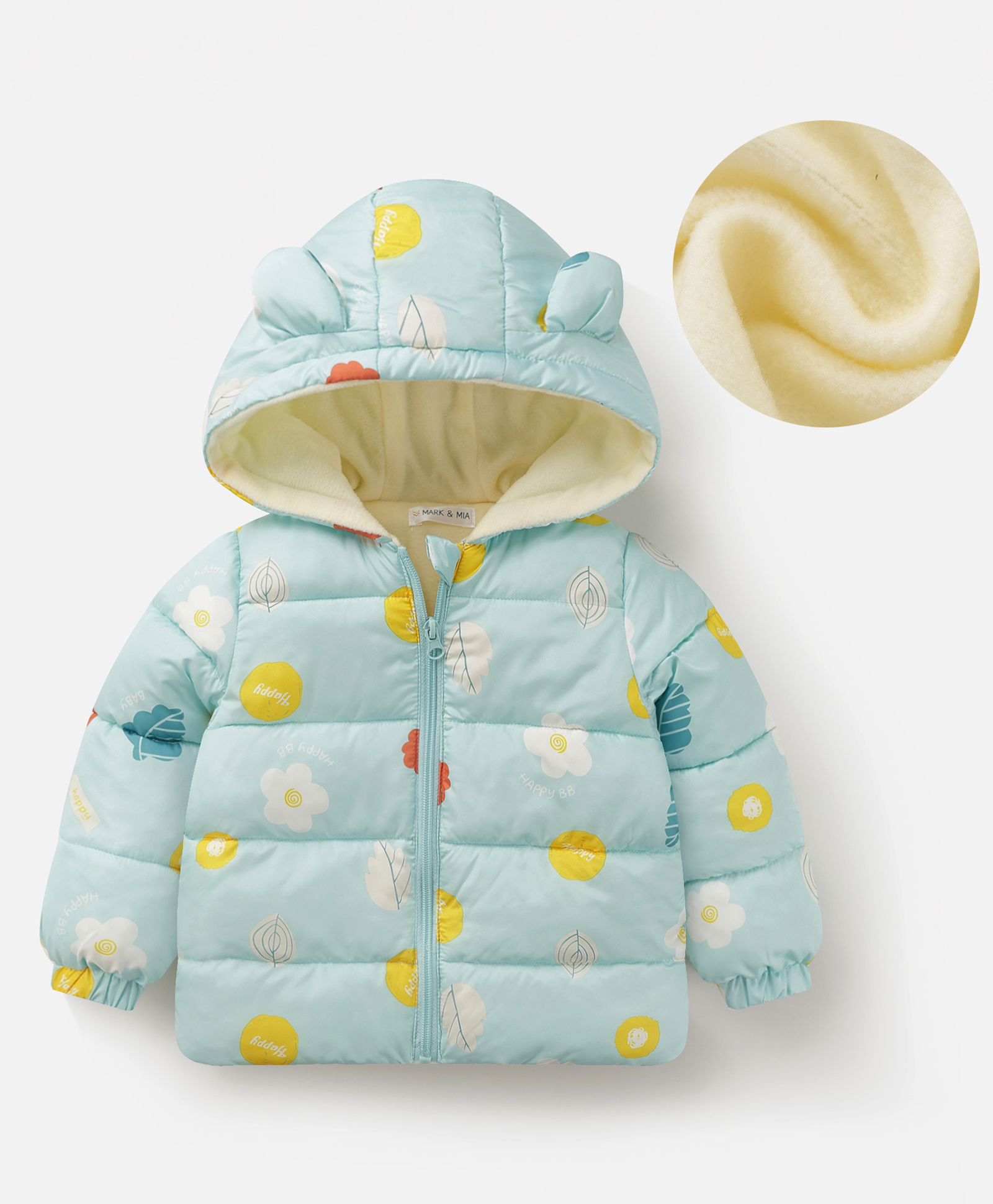 Mark & Mia Full Sleeves Floral Printed Padded Hooded Jacket With Applique - Light Blue-image-39