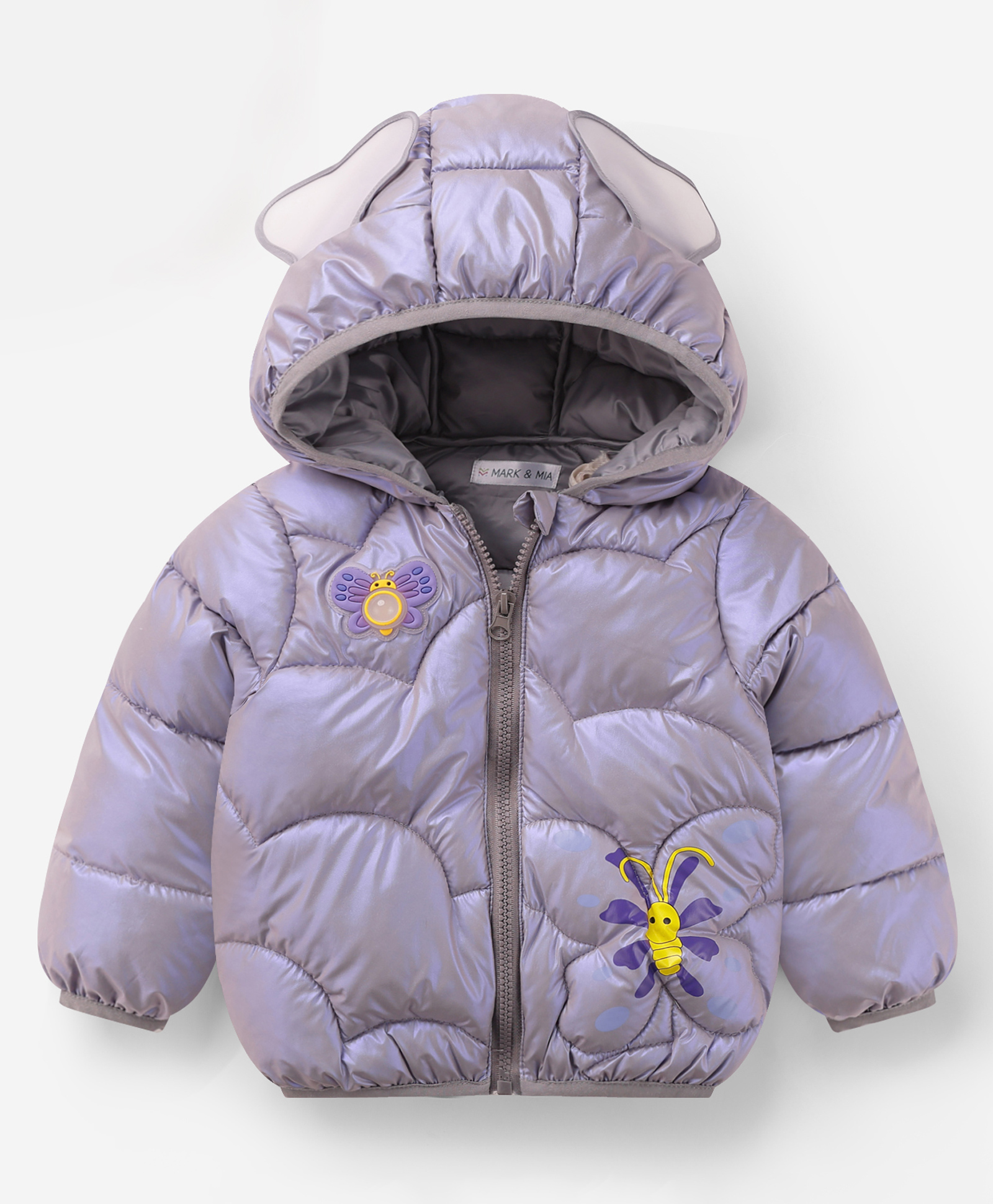 Mark & Mia Full Sleeves Butterfly Printed Padded Hooded Jacket With Applique - Silver-image-7