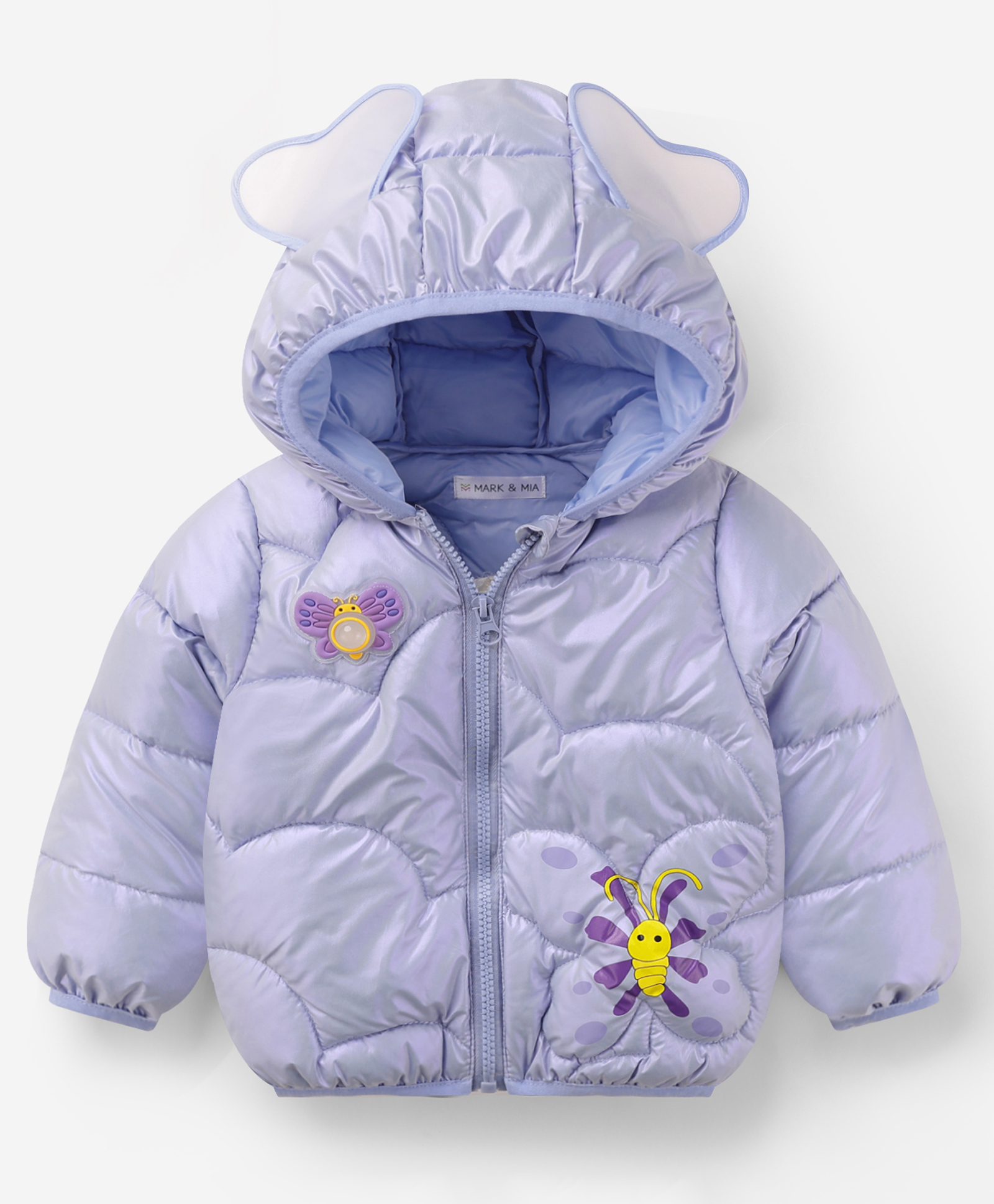 Mark & Mia Full Sleeves Butterfly Printed Padded Hooded Jacket With Applique - Light Blue-image-40