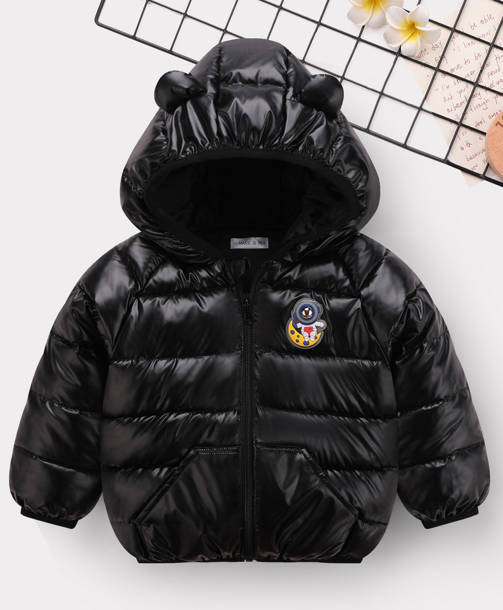 Mark & Mia Full Sleeves Solid Coloured Padded Hooded Jacket With Astronaut Applique With Kangaroo Pockets - Black-image-25
