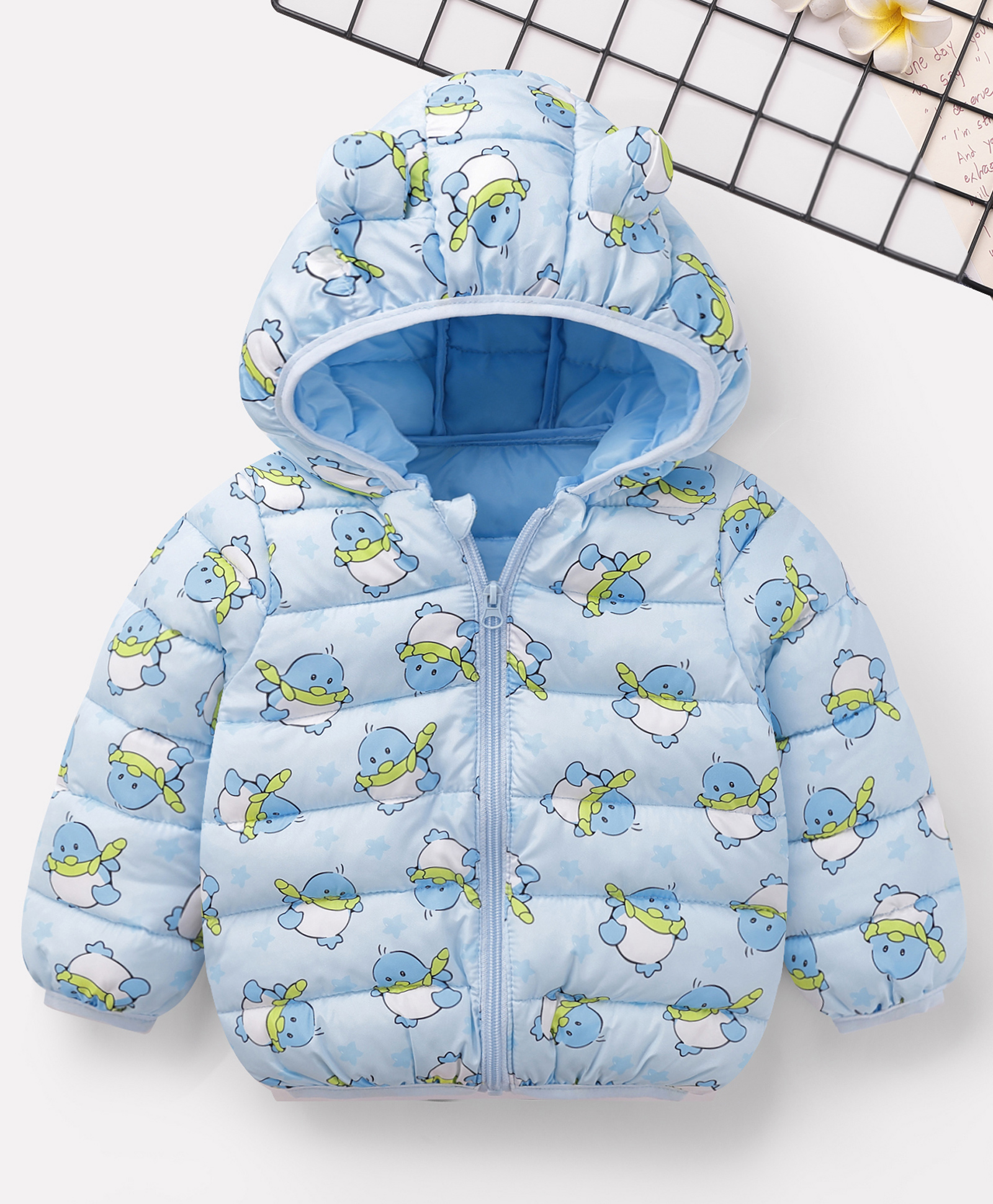 Mark & Mia Full Sleeves Hooded Padded Jacket With Bird Print - Light Blue-image-6