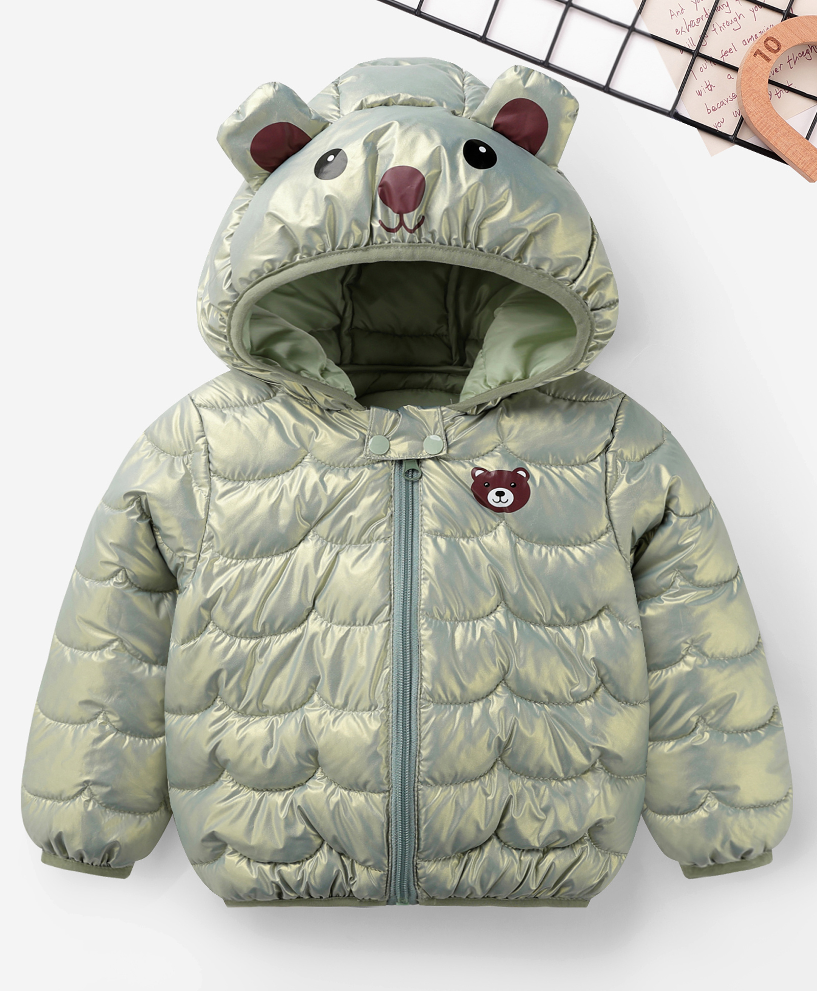 Mark & Mia Full Sleeves Padded Hooded Jacket with Bear Print & Ear Applique - Olive Green-image-42