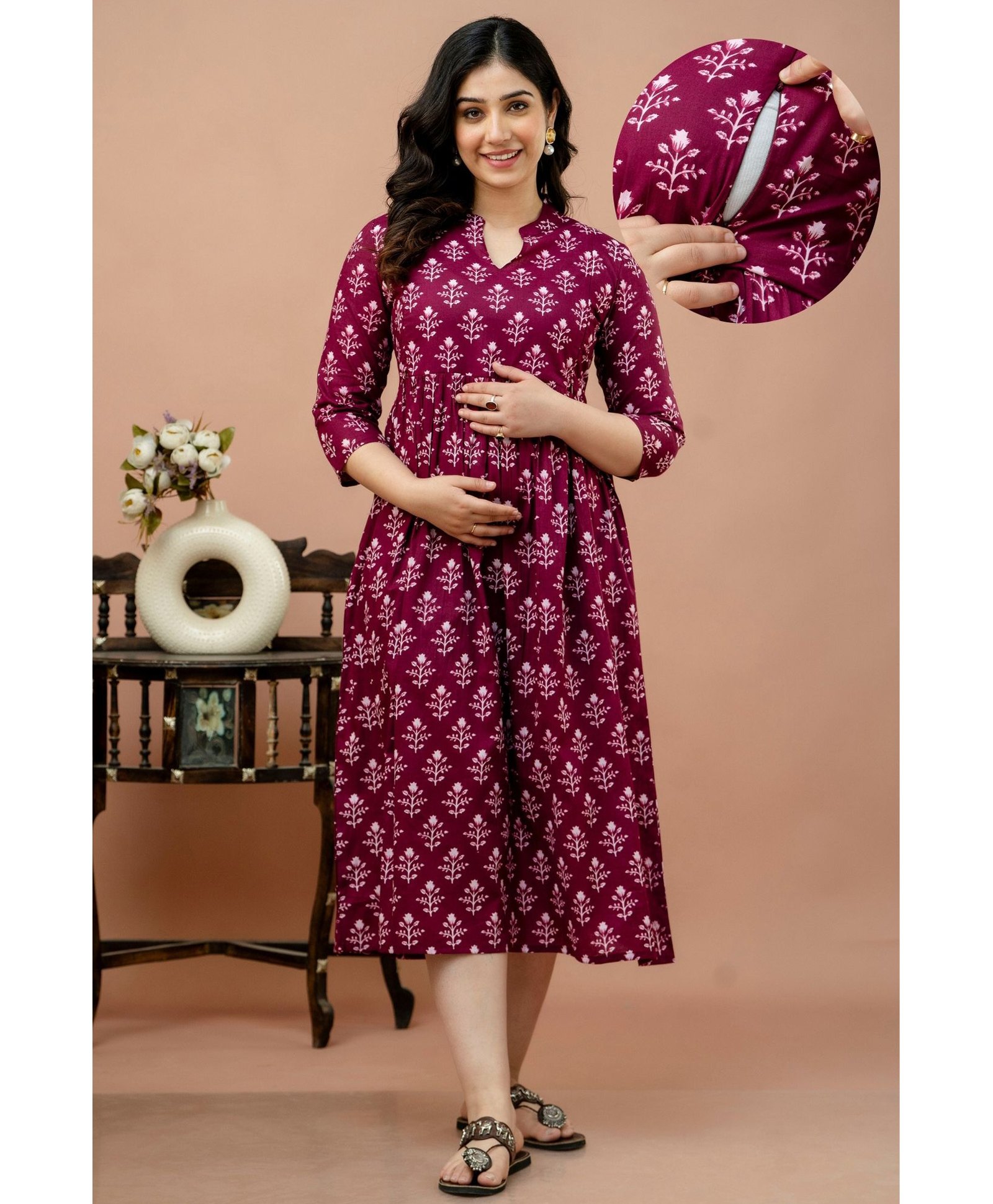 CeleBravo Cotton Three Fourth Sleeves Floral Motifs Printed Maternity Dress With Nursing Access - Wine
