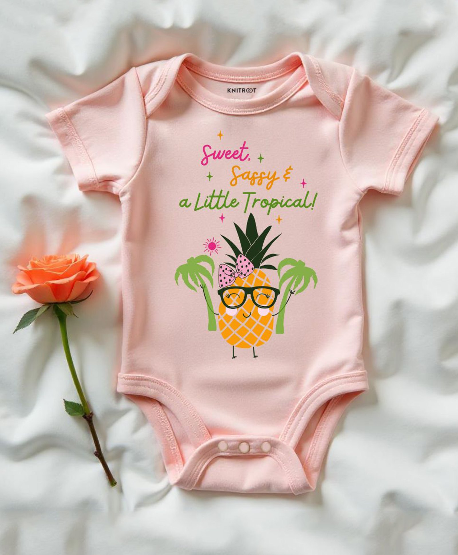 KNITROOT Summer Theme Half Sleeves Sweet Sassy & A Little Tropical Text Printed Onesie - Peach-picture-16