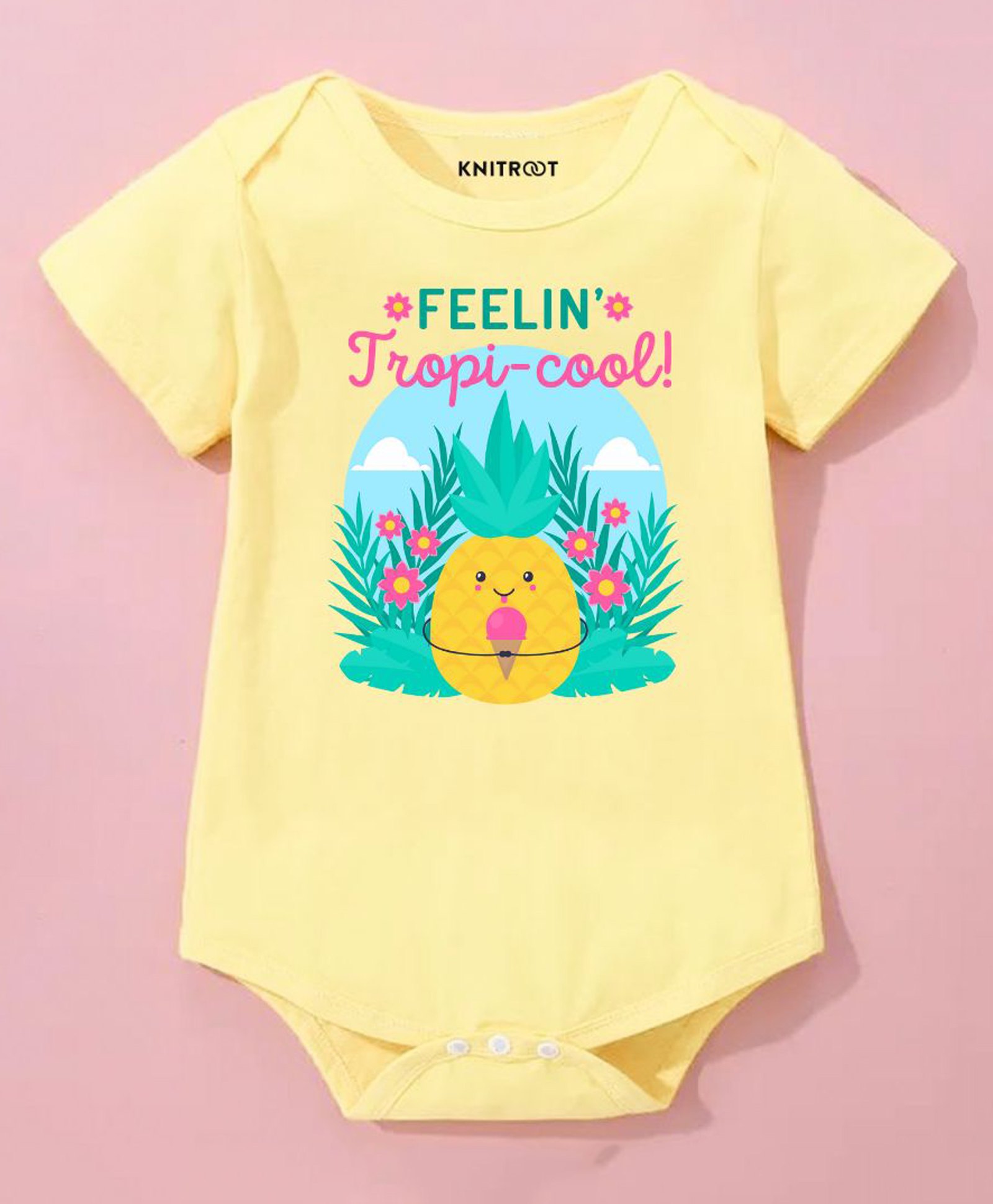 KNITROOT Summer Theme Half Sleeves Feelin Tropi Cool Text Printed Onesie - Yellow-image-14