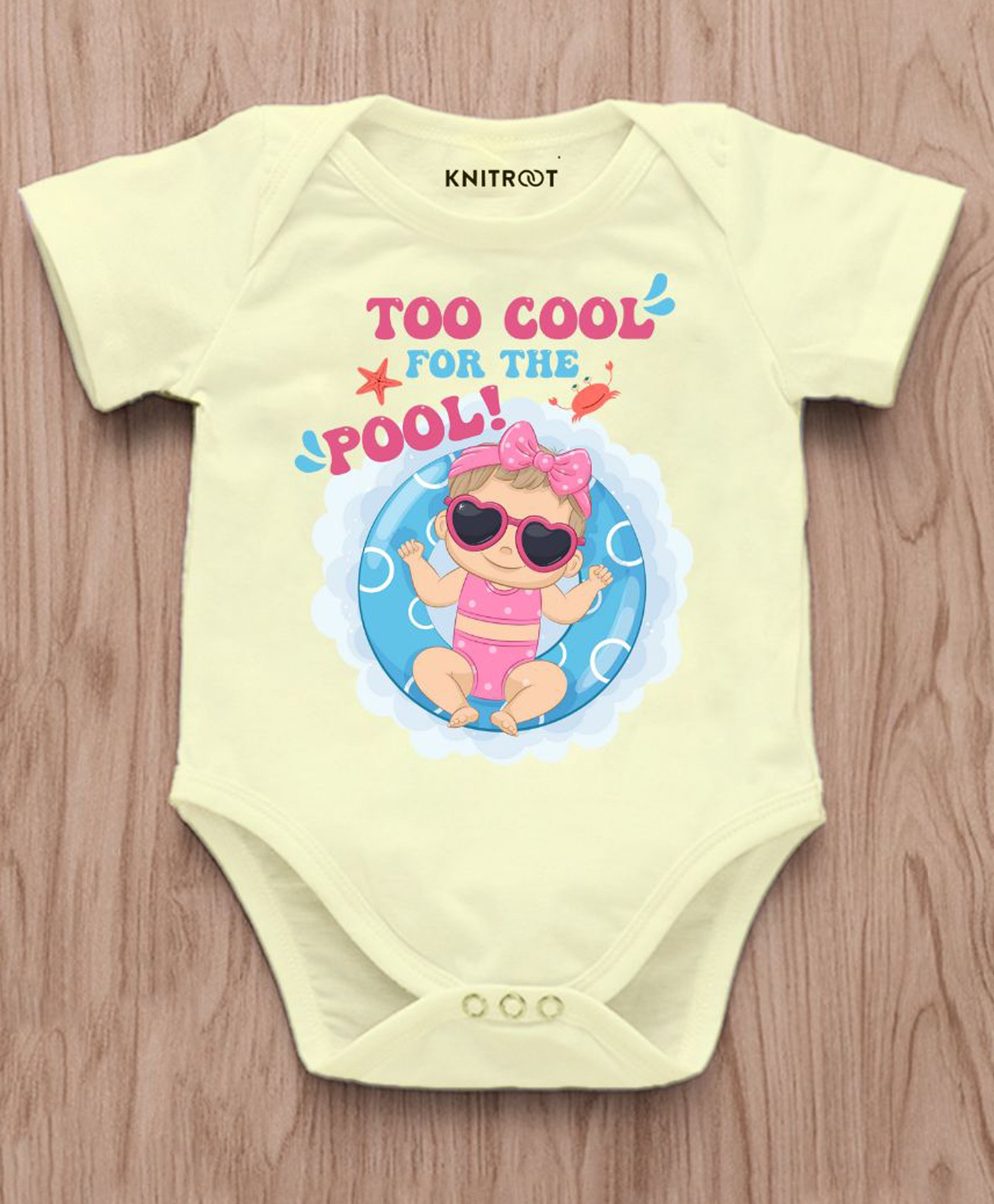 KNITROOT Cotton Summer Theme Half Sleeves Too Cool For The Pool Text Printed Onesie - Yellow-image-34