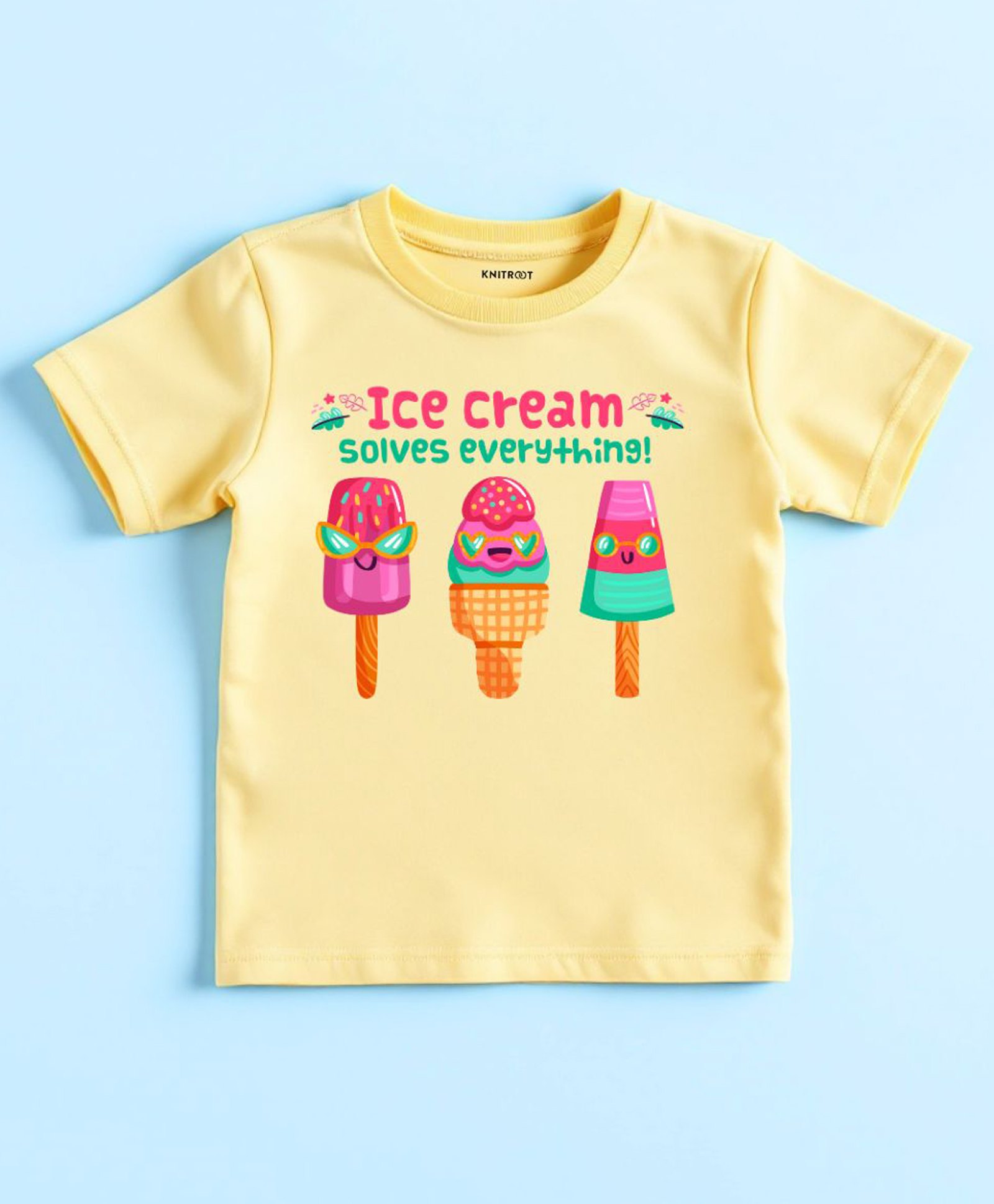 KNITROOT Summer Theme Half Sleeves Ice Cream Solves Everything Text Printed Tee - Yellow-picture-39