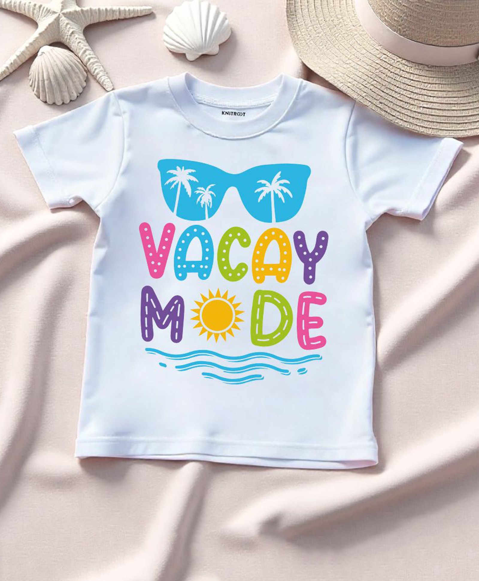 KNITROOT Cotton Summer Theme Half Sleeves Vacay Mode Text Printed Tee - White-image-8