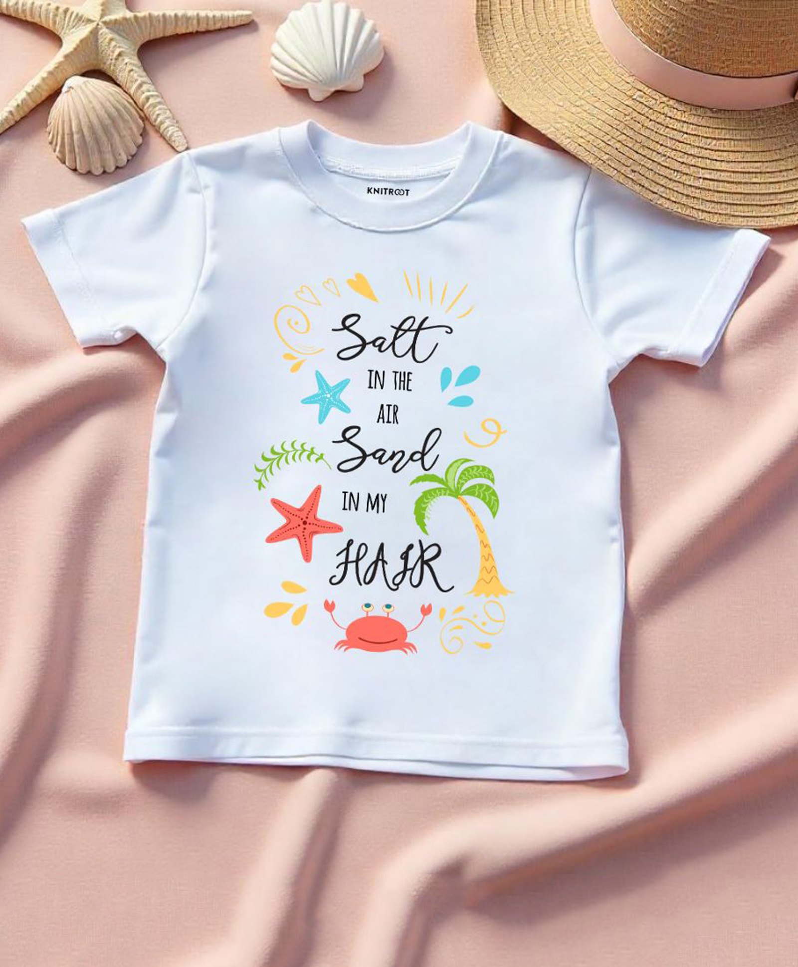 KNITROOT Cotton Summer Theme Half Sleeves Salt In The Air Sand In My Hair Text Printed Tee - White-image-10