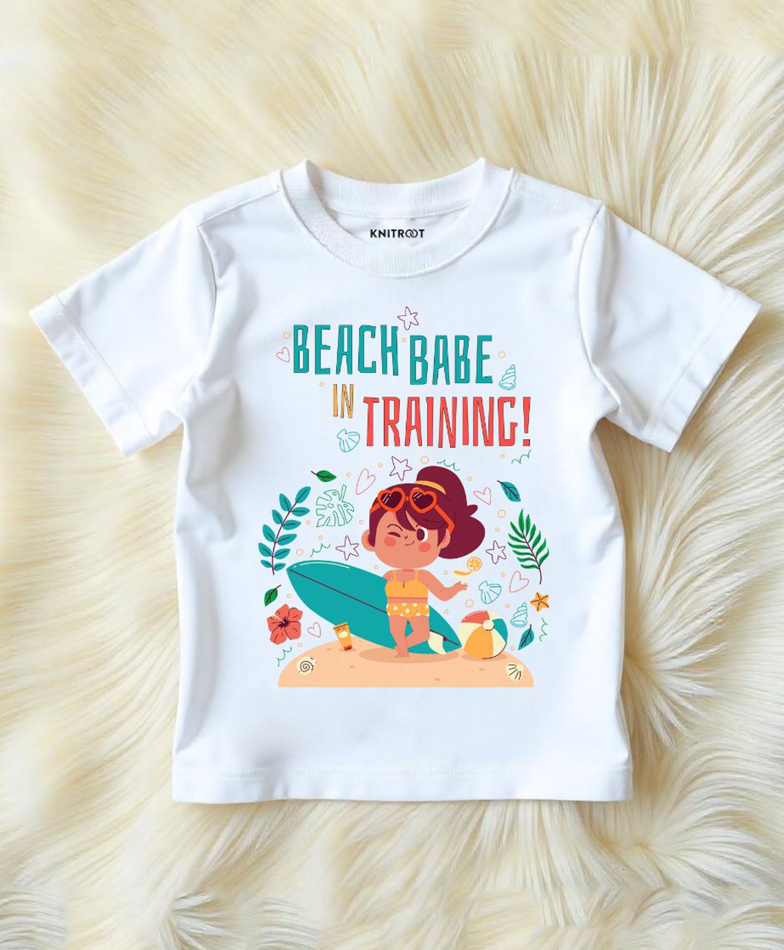 KNITROOT Cotton Summer Theme Half Sleeves Beach Babe In Training Text Printed Tee - White-picture-27