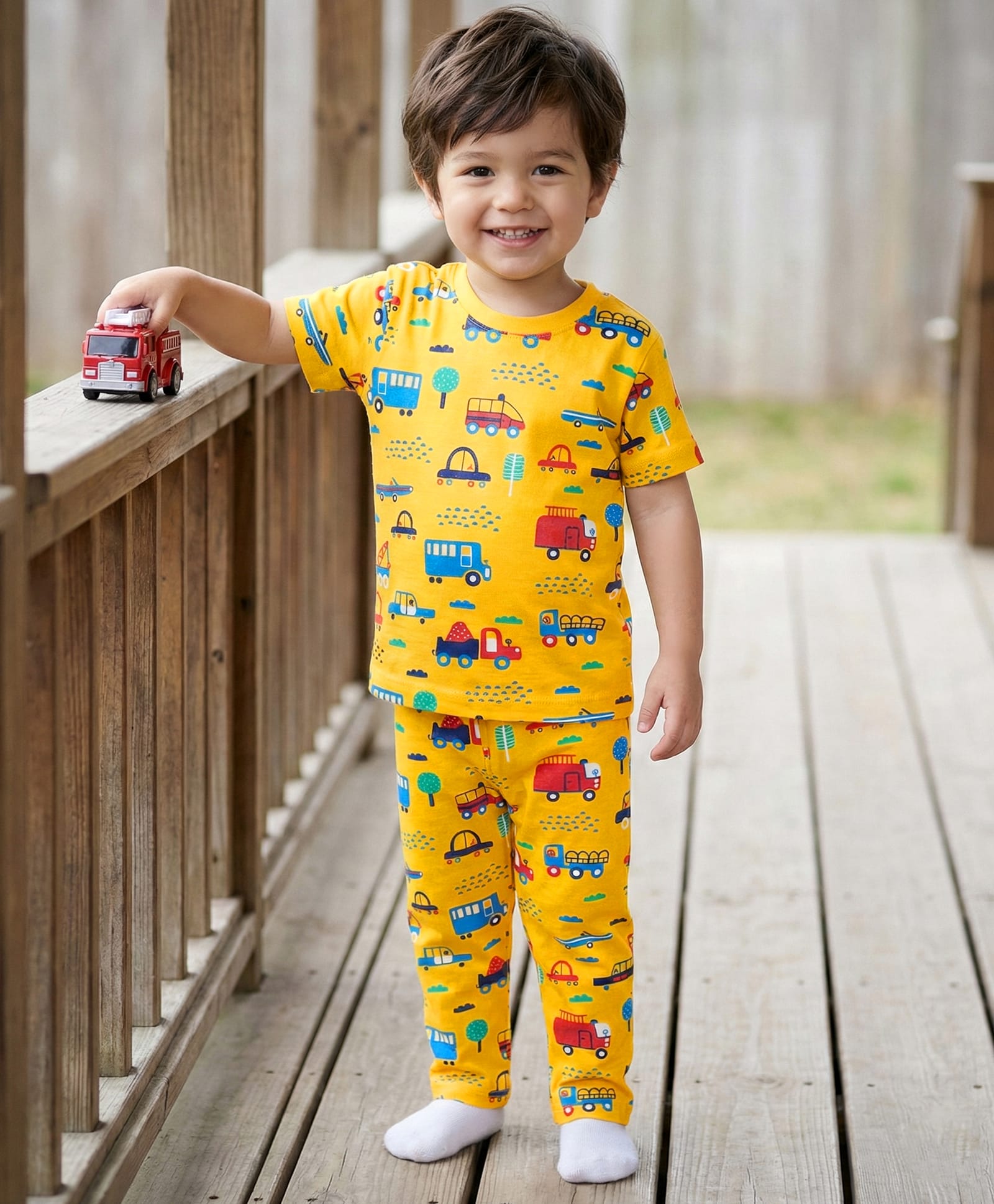 Babyhug Cotton Knit Half Sleeves Co-ords Night Suit With Vehicles Print - Yellow