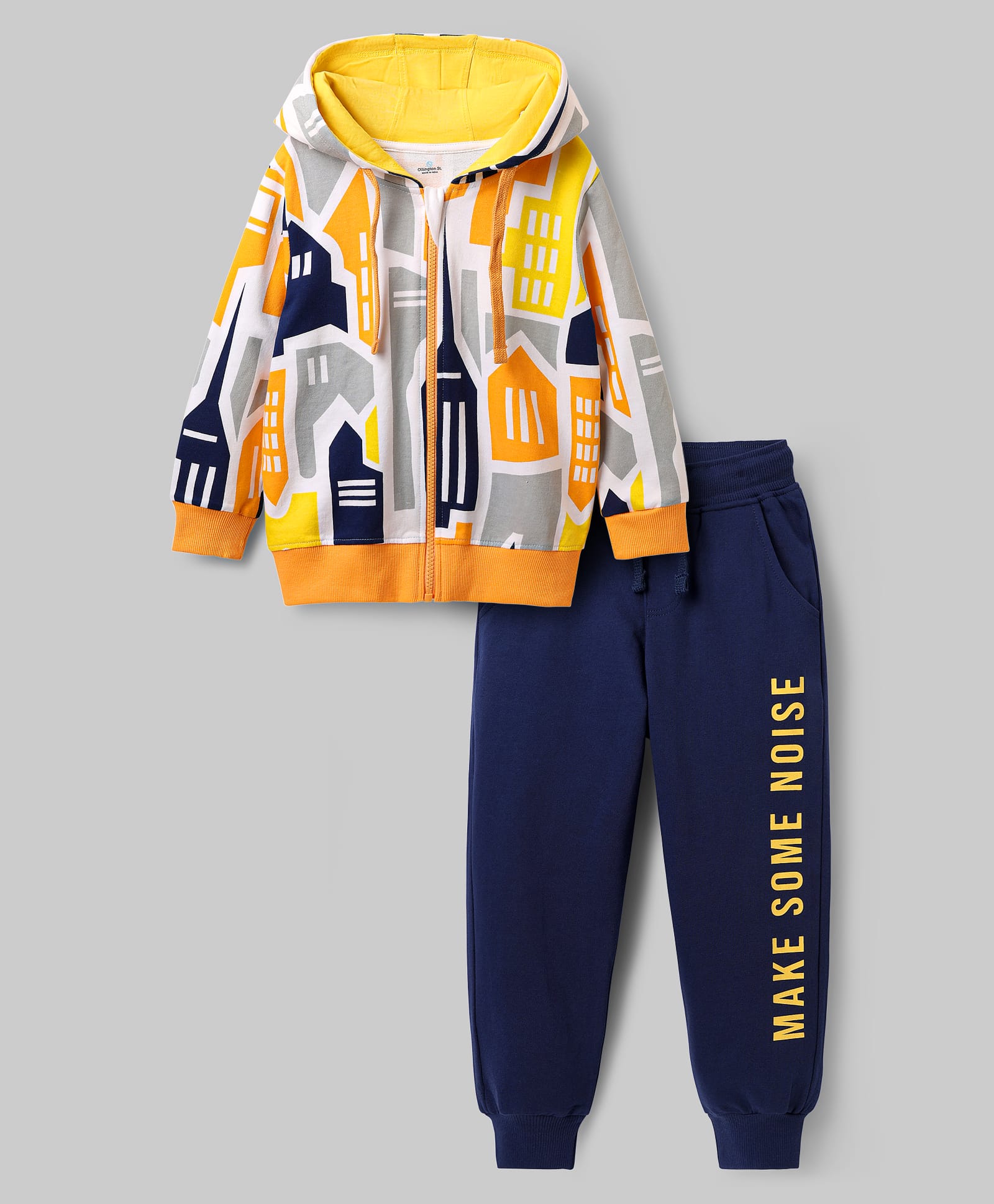 OLLINGTON ST. Cotton Knit Full Sleeves Text Printed Hoodie Sweatshirt & Knit Joggers - Multicolor & Navy Blue-image-44
