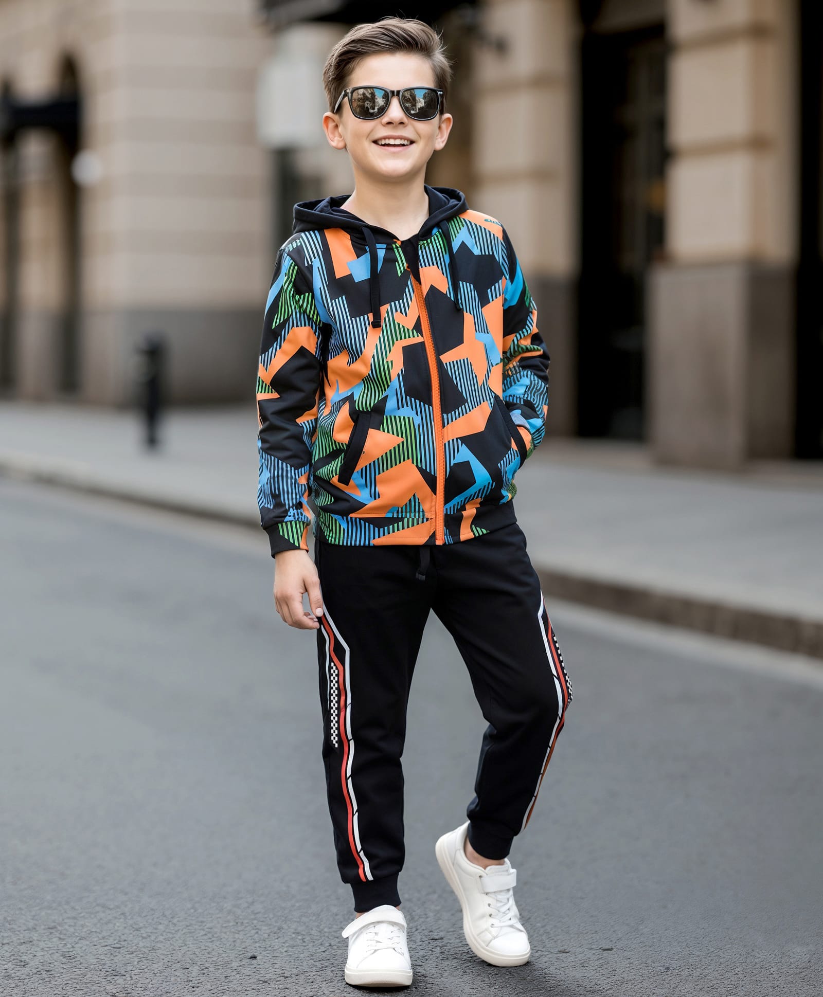 OLLINGTON ST. Cotton Full Sleeves Printed Zipper Hoodie Sweatshirts & Knit Joggers - Multicolor & Black-image-27