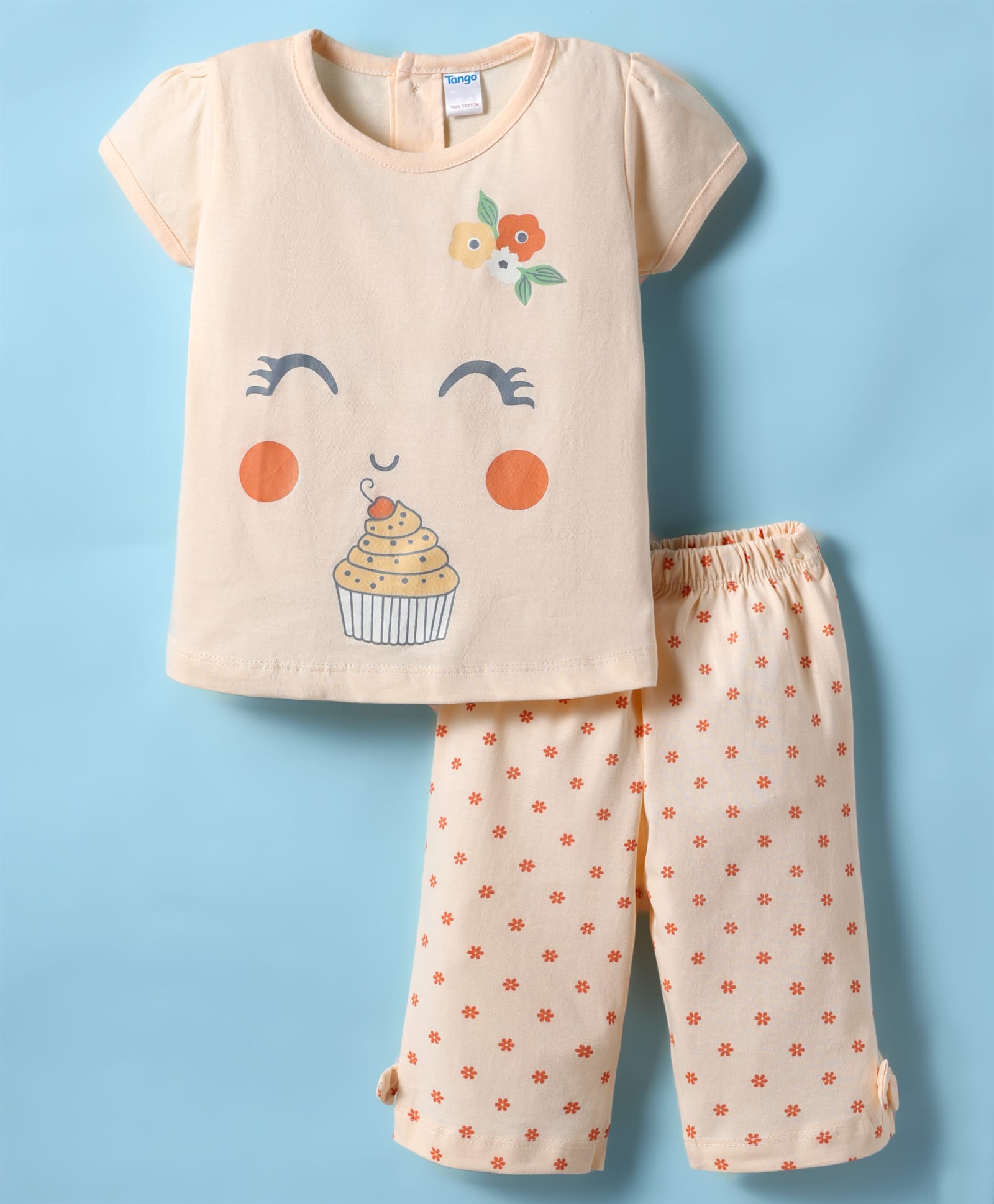 Tango Single Jersey Knit Half Sleeves Capri Night Suit with Cup Cake & Floral Print - Peach-image-19