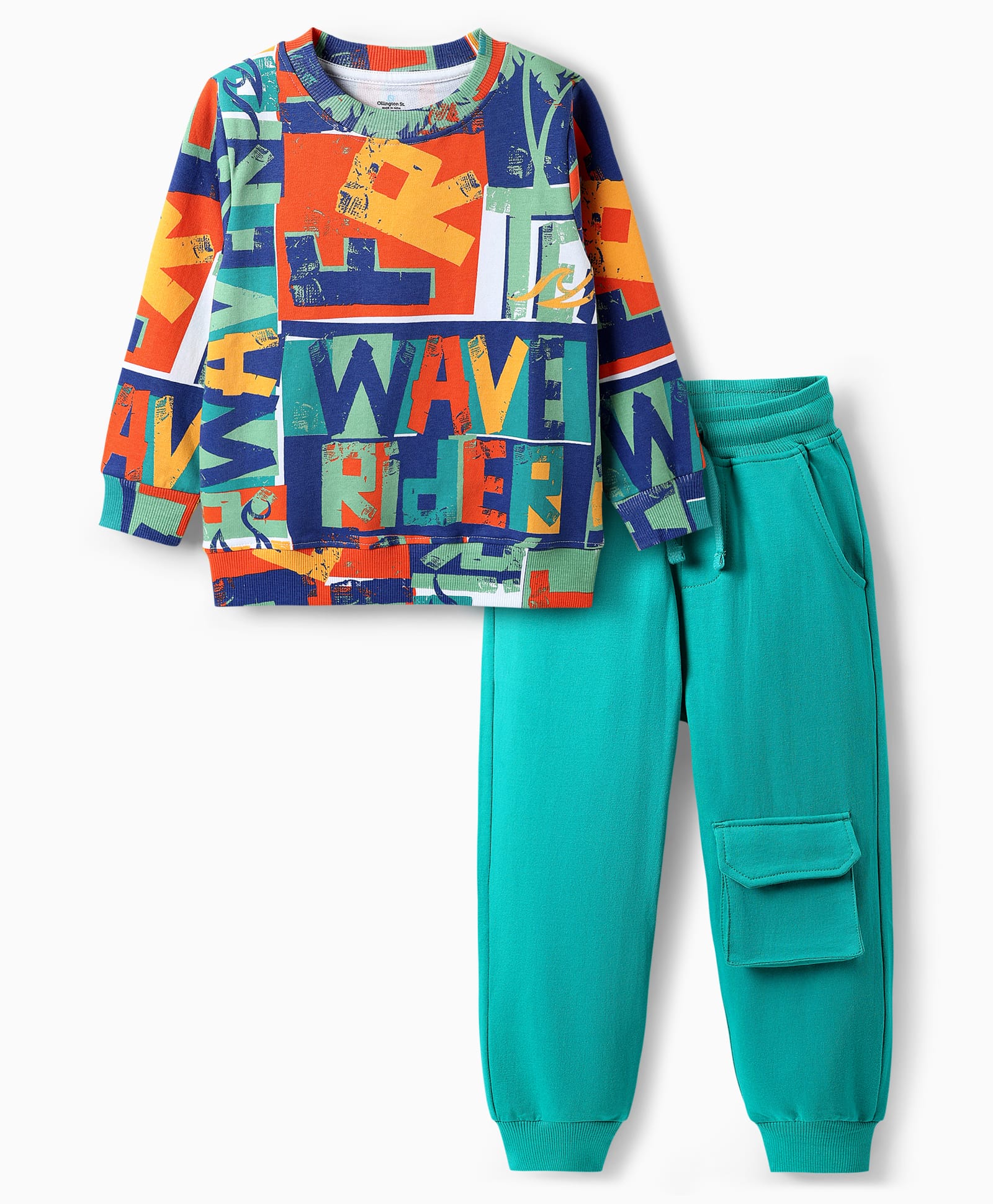 OLLINGTON ST. Cotton Full Sleeves Printed Sweatshirts & Knit Joggers Set - Multicolor & Teal Green-image-39