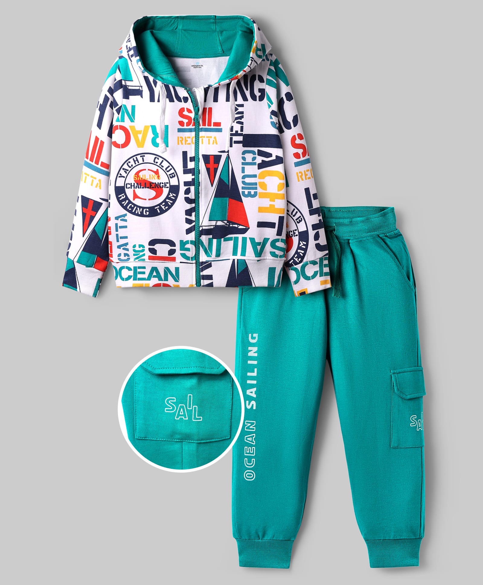 OLLINGTON ST. Cotton Full Sleeves Printed Hoodie Sweatjacket & Knit Joggers Set - White & Teal Blue-image-40