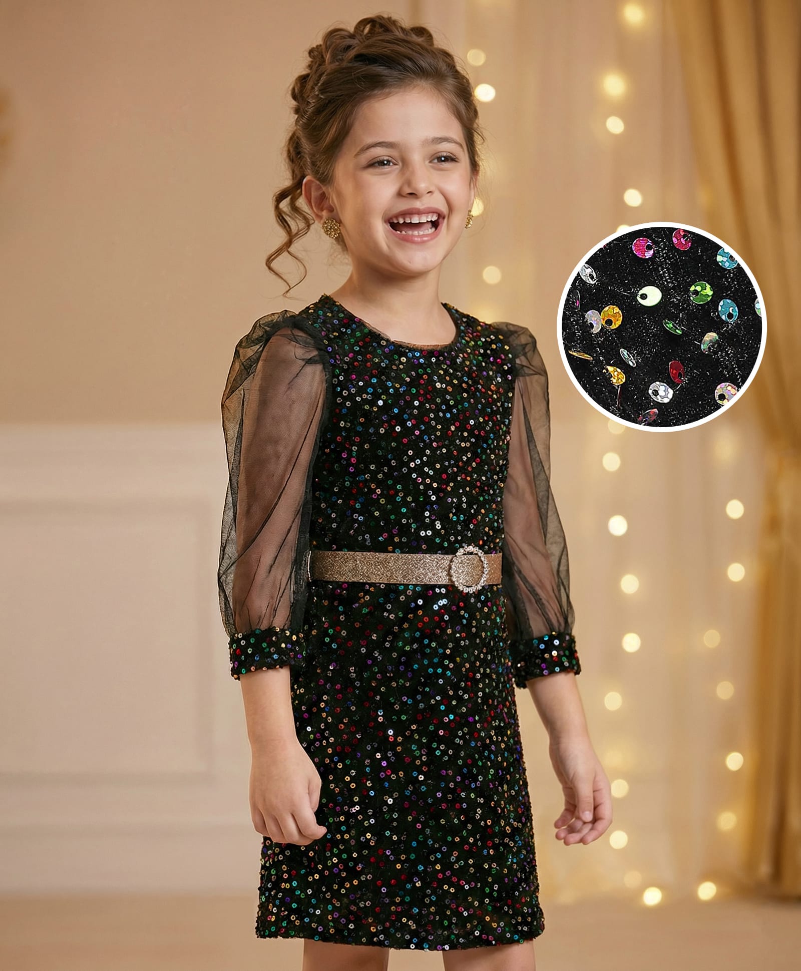 Hola Bonita Knit Full Sleeves Sequin Velvet Party Dress With Belt - Black-image-36