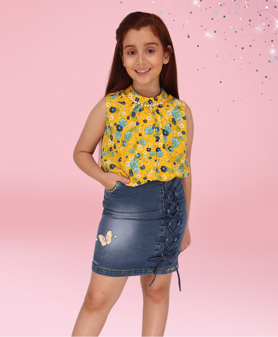 Cutecumber Sleeveless Floral Printed & Pearls Embellished Dress - Yellow-image-2