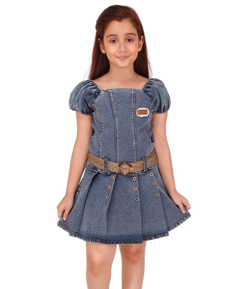 Cutecumber Half Puffed Sleeves Patch Detailed Denim Pleated Dress With Belt - Blue-image-24