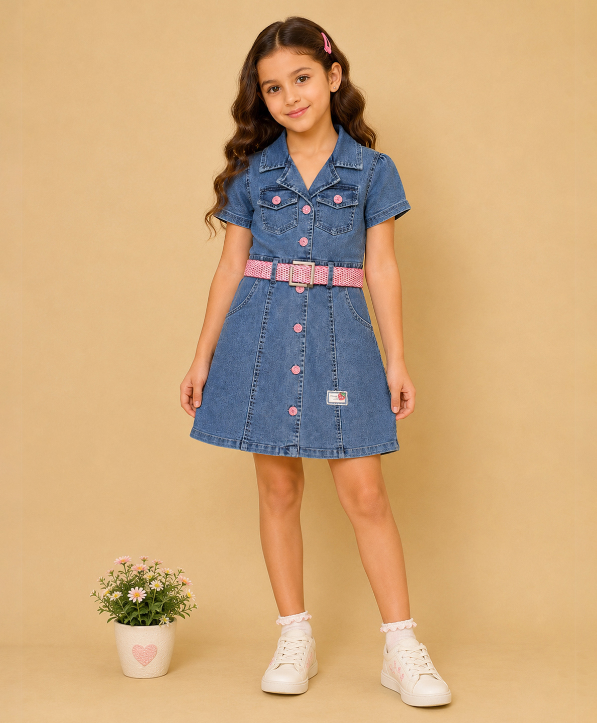 Cutecumber Half Sleeves Pocket Detailed & Embroidered Denim Shirt Dress With Belt - Blue-image-30