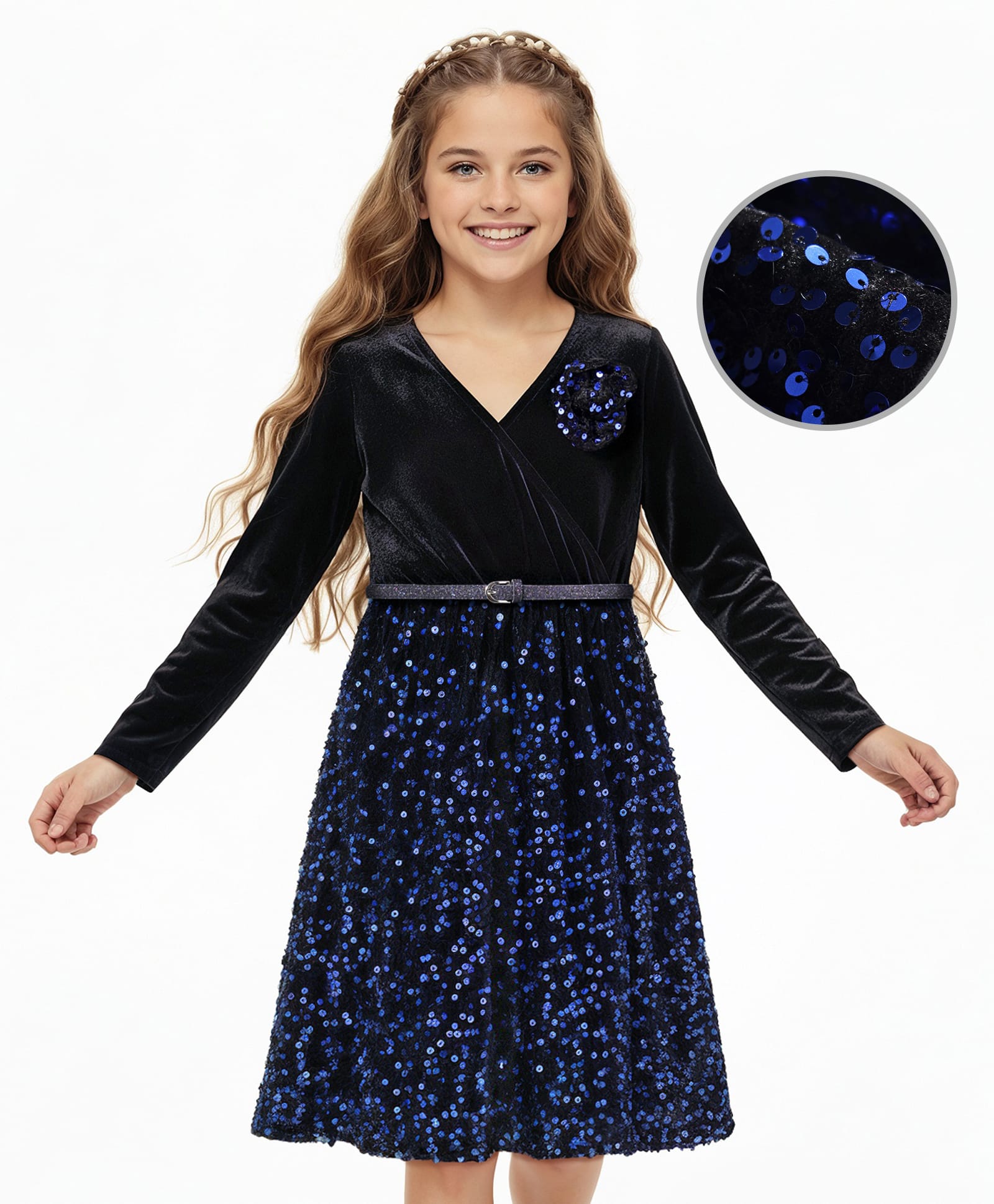 Hola Bonita Knit Full Sleeves Velvet Sequin Party Dress With Floral Applique & Belt - Navy Blue-image-40