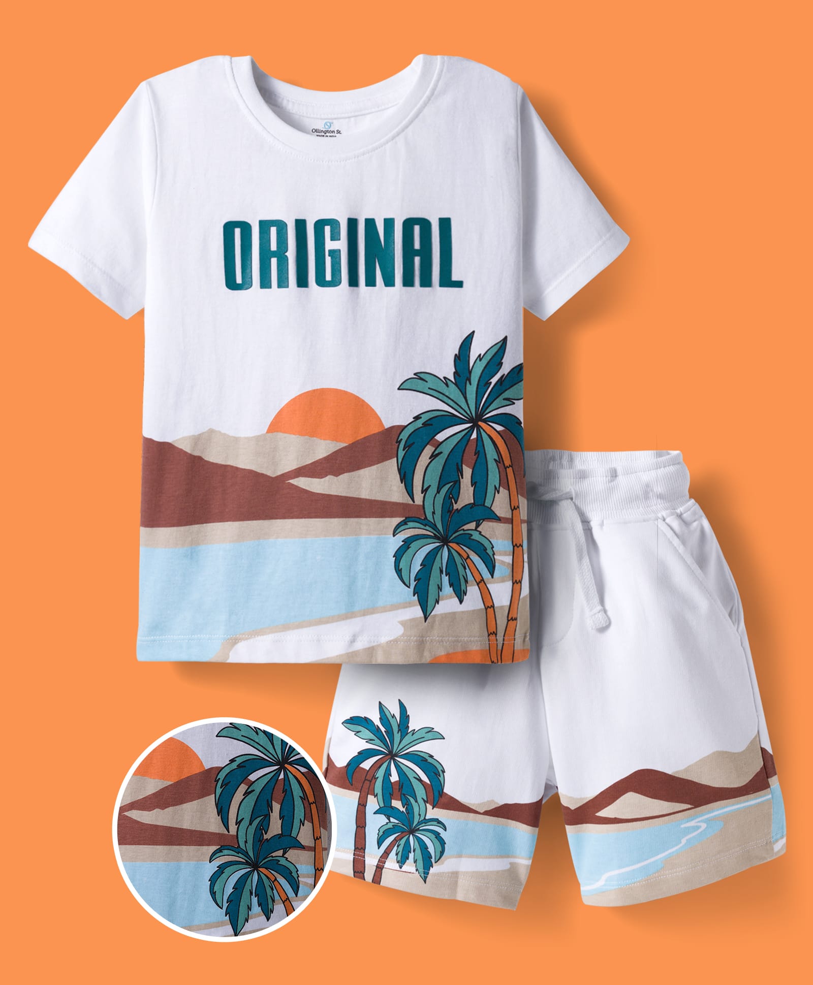 OLLINGTON ST. Cotton Knit Co-Ord Half Sleeves Beach Theme Printed T-Shirt & Knit Shorts Set - White-picture-22