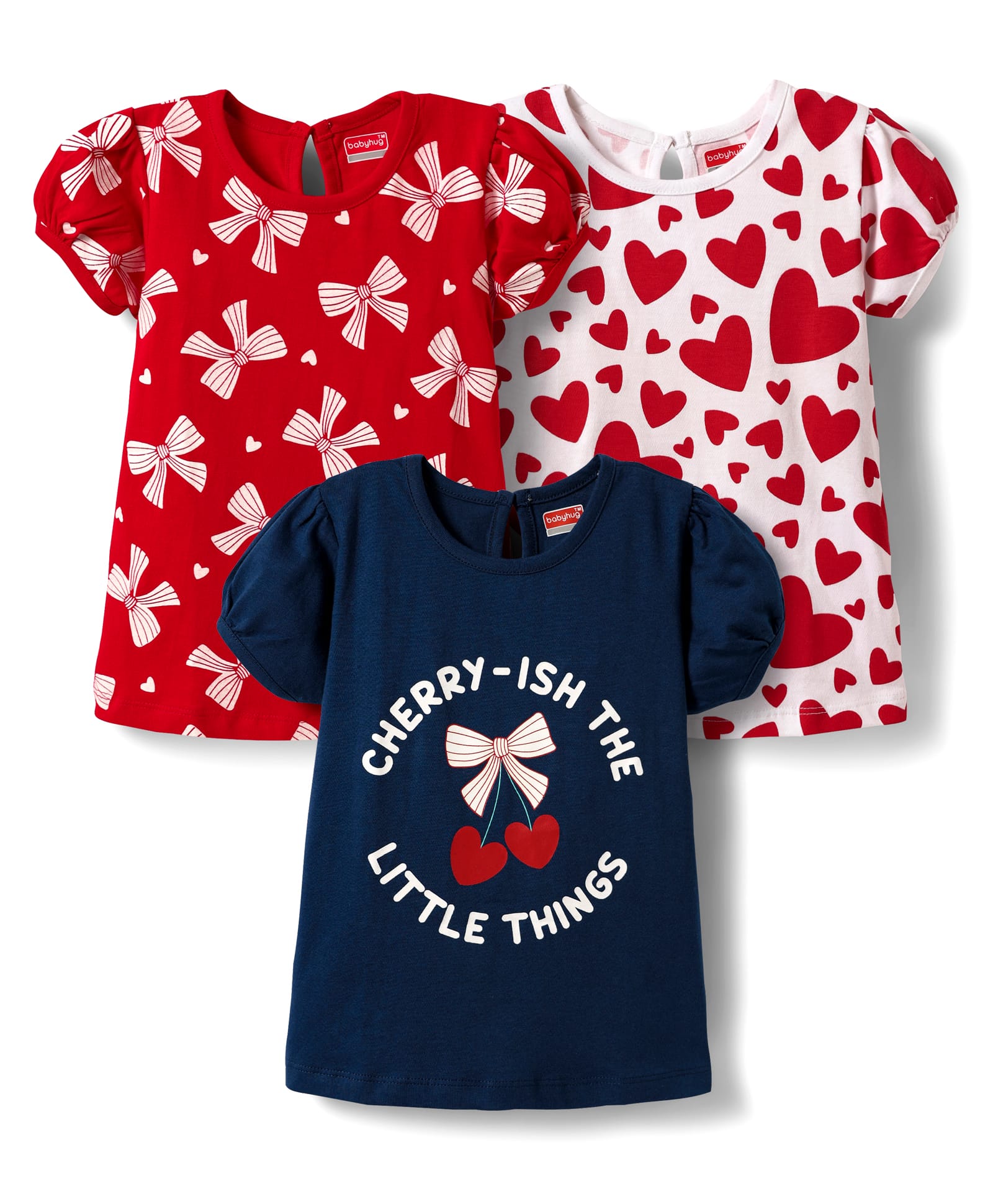 Babyhug 100% Cotton Knit Half Puffed Sleeves T-Shirts with Bow & Heart Print Pack of 3 - Red White & Navy Blue-image-16