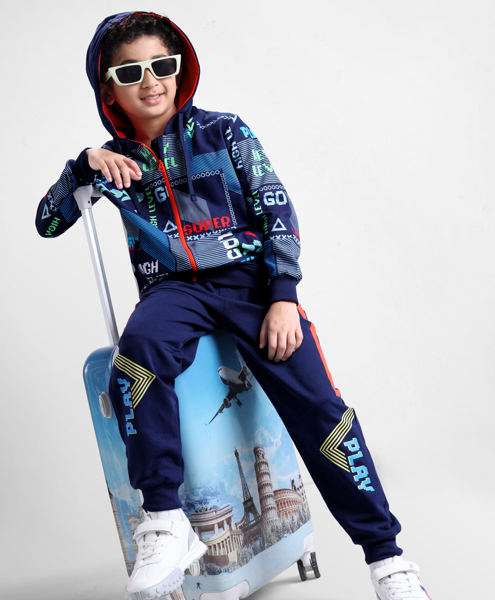 OLLINGTON ST. Cotton Full Sleeves Text Printed Hoodie Zipper Sweatshirt & Joggers Set - Multicolor & Navy Blue-image-44