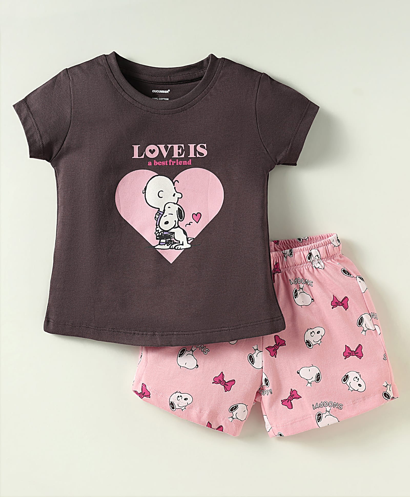 CUCUMBER Sinker Knit Half Sleeves Shorts Night Suit with Snoopy Graphic - Grey & Pink-image-45