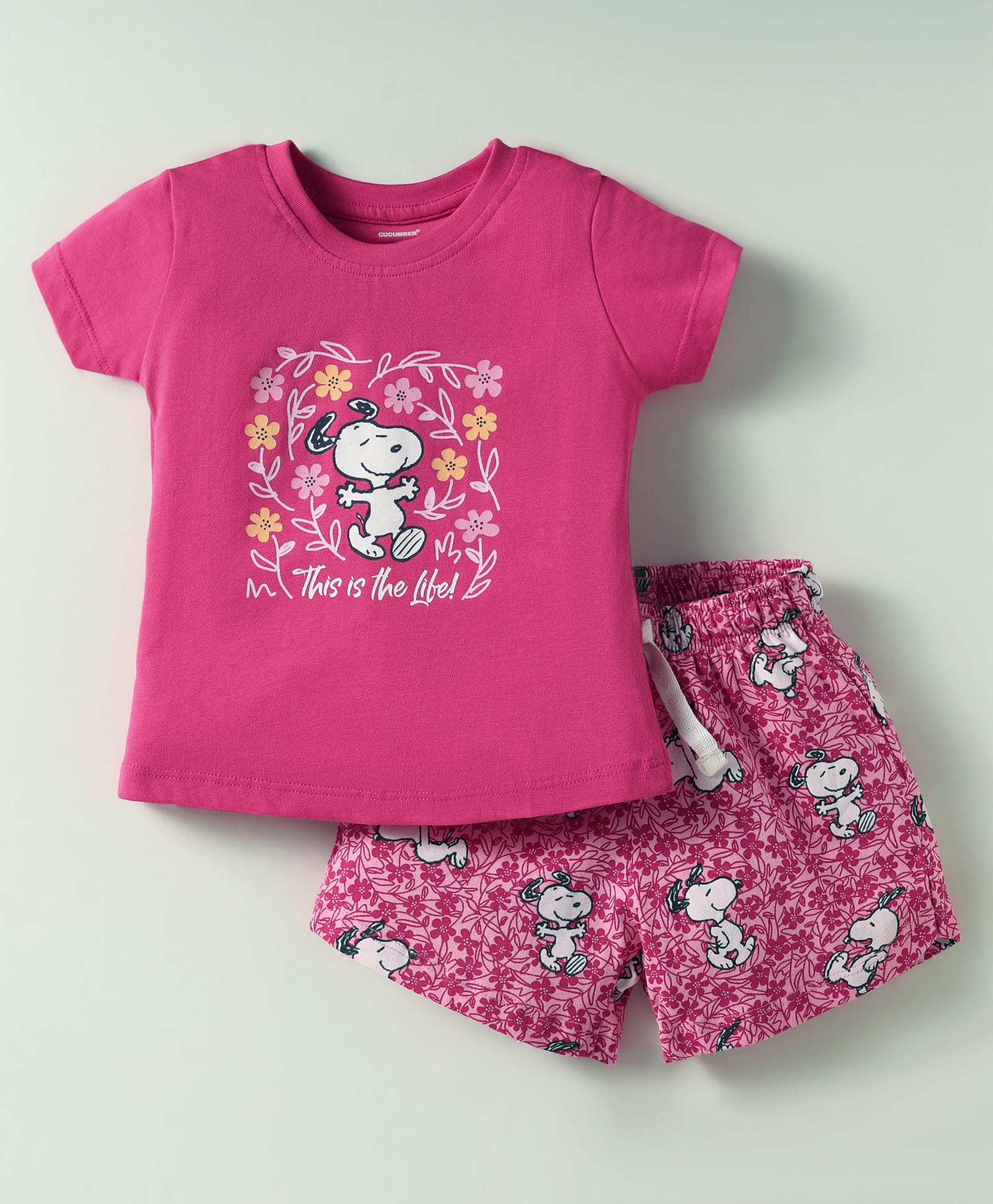 CUCUMBER Sinker Knit Half Sleeves Shorts Night Suit with Snoopy Graphic - Dark Pink-image-12