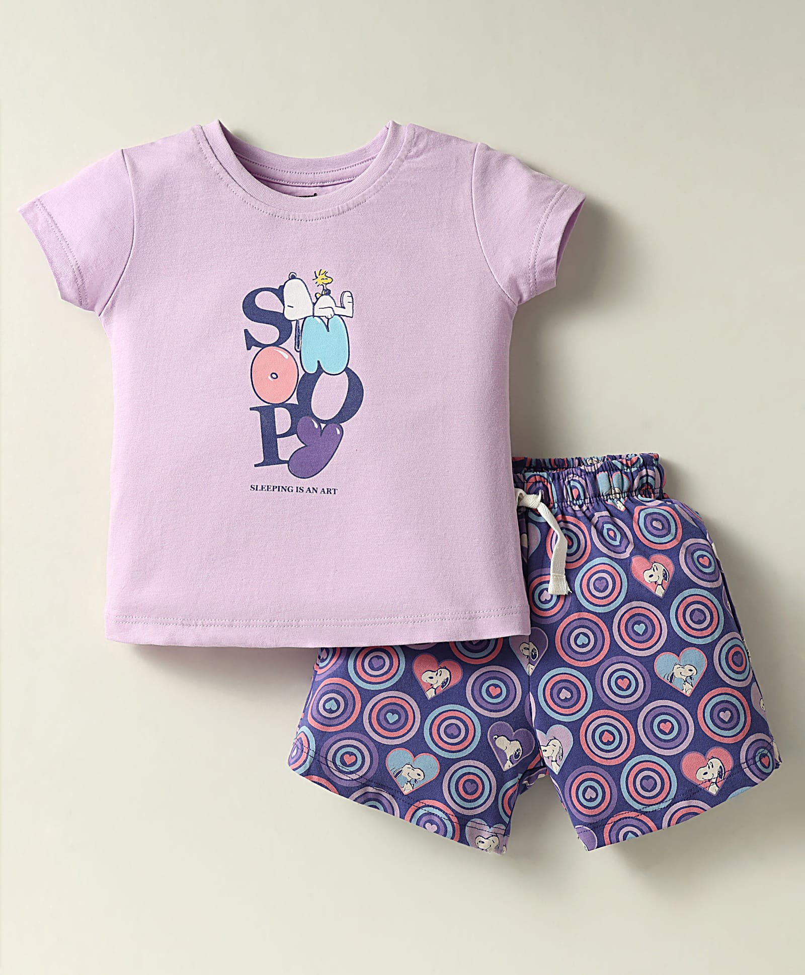 CUCUMBER Sinker Knit Half Sleeves Shorts Night Suit with Snoopy Graphic - Lilac-image-8