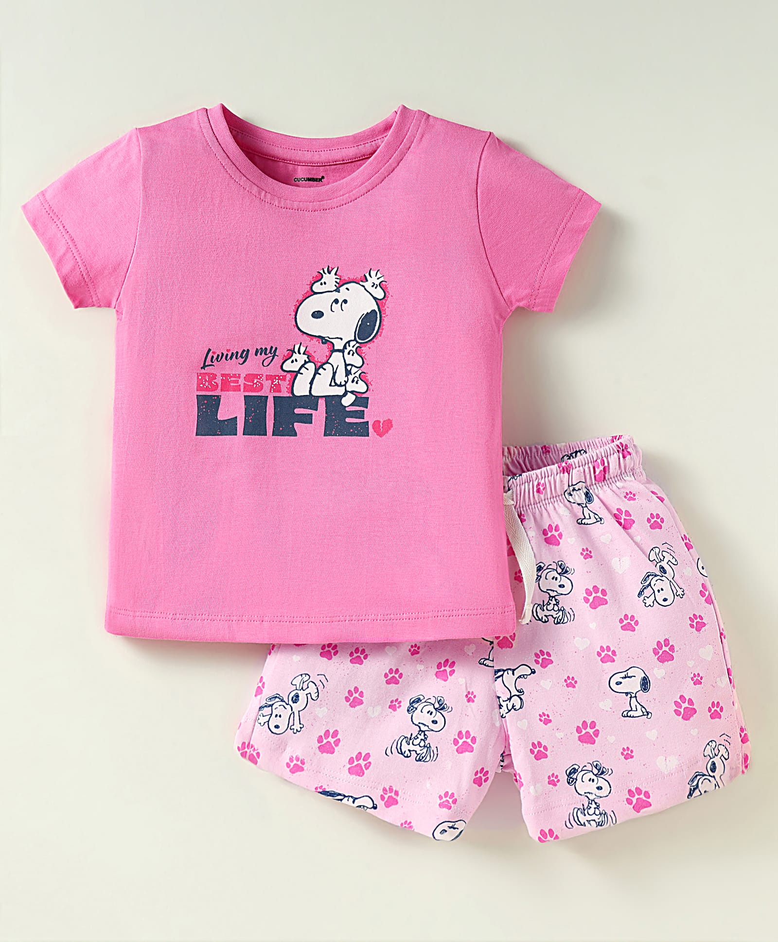 CUCUMBER Sinker Knit Half Sleeves Shorts Night Suit with Snoopy Graphic - Pink-image-11