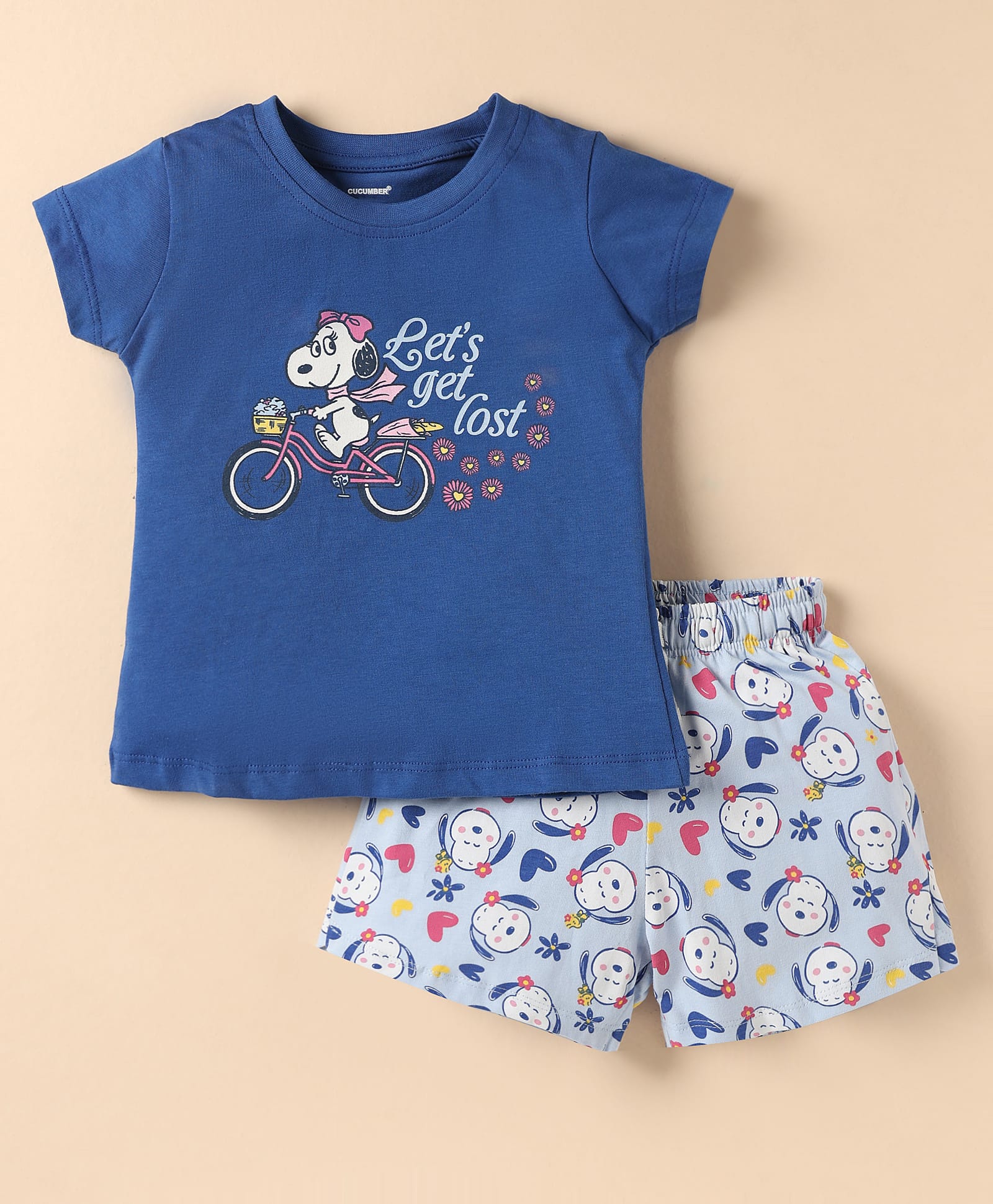 CUCUMBER Sinker Knit Half Sleeves Shorts Night Suit With Puppy Print - Royal Blue-image-3